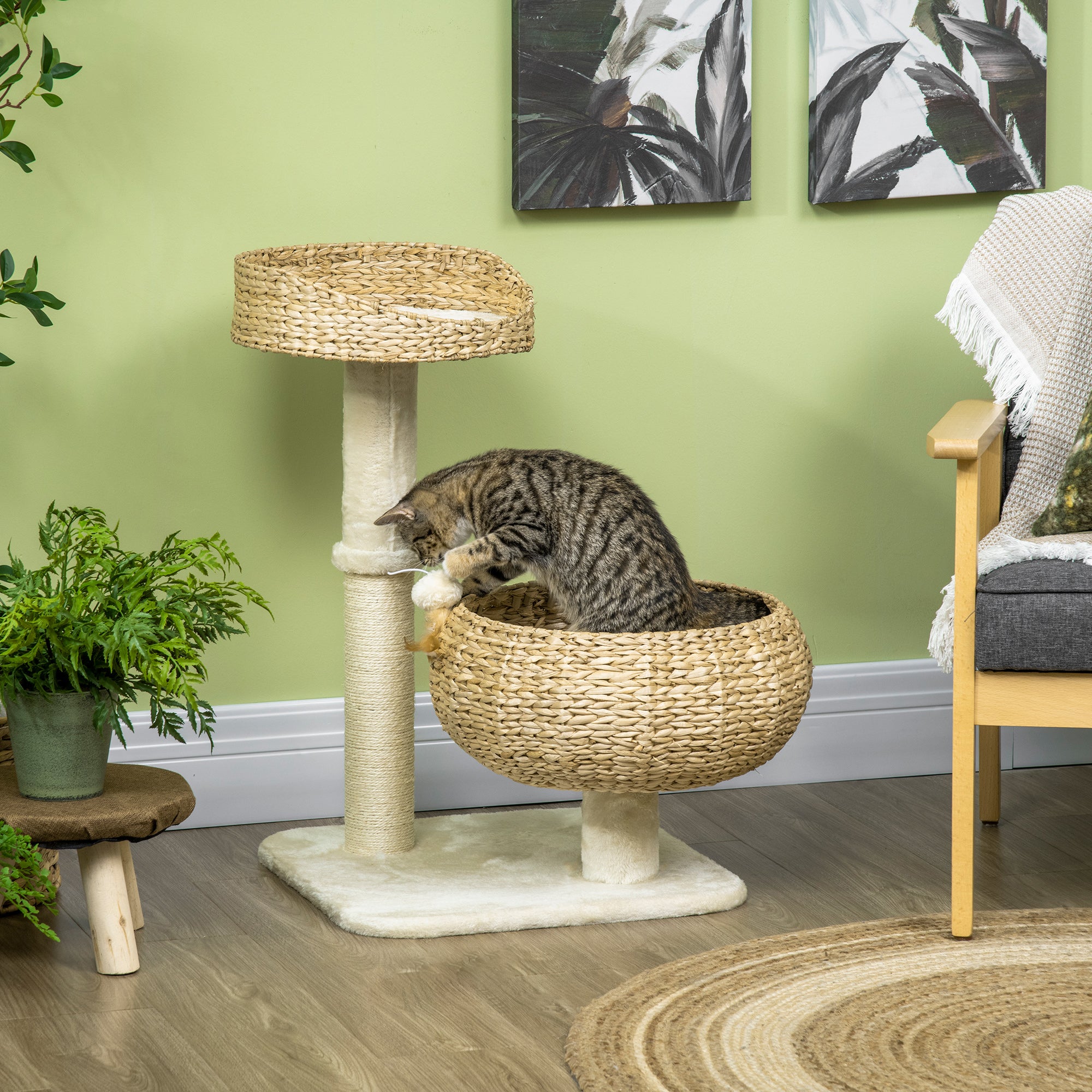 PawHut 28" Cat Tree with Scratching Post, Cat Tower for Indoor Cats with Double Beds, Beige