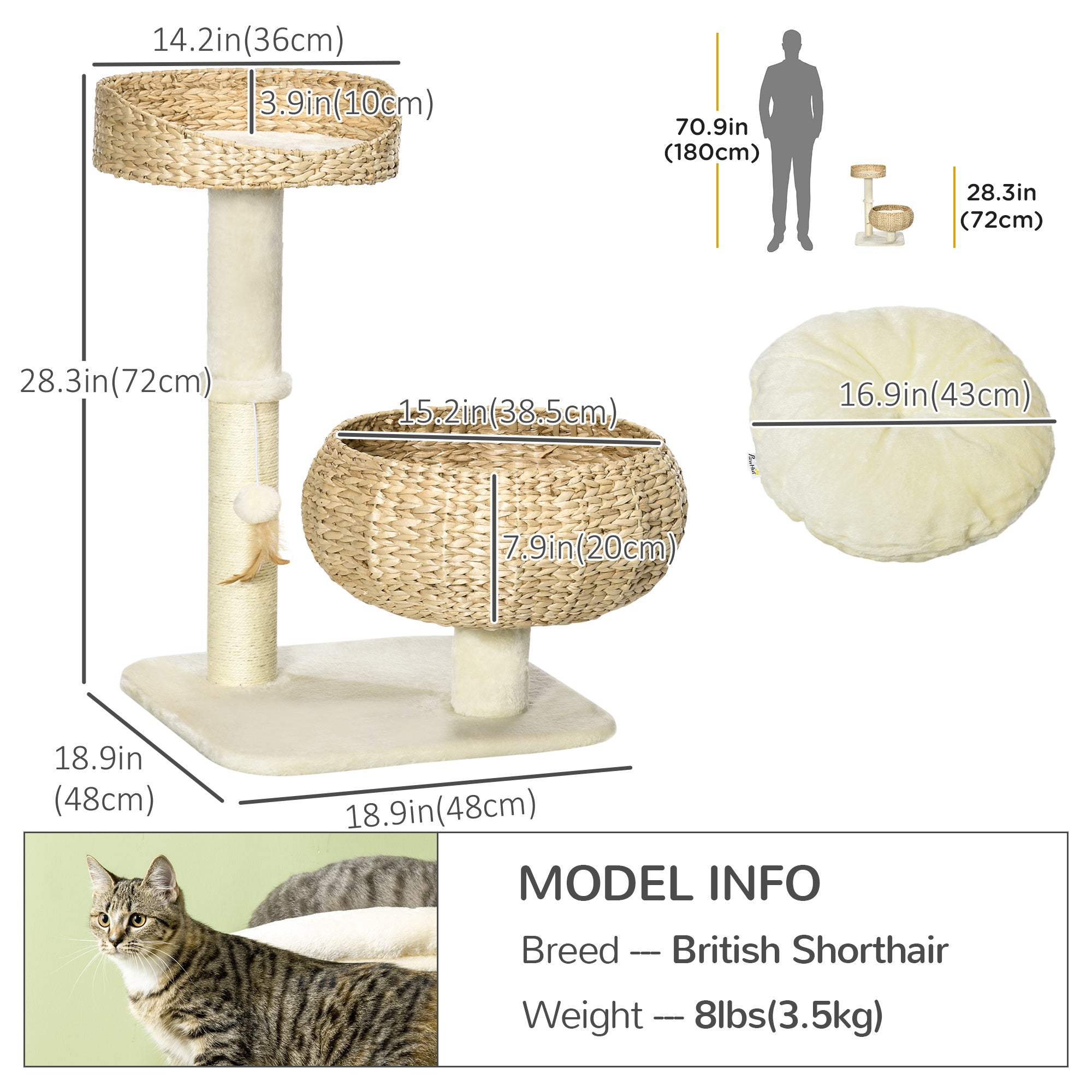 PawHut 28" Cat Tree with Scratching Post, Cat Tower for Indoor Cats with Double Beds, Beige