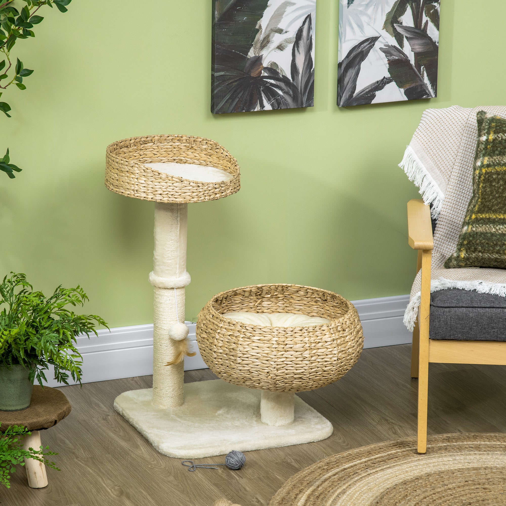 PawHut 28" Cat Tree with Scratching Post, Cat Tower for Indoor Cats with Double Beds, Beige