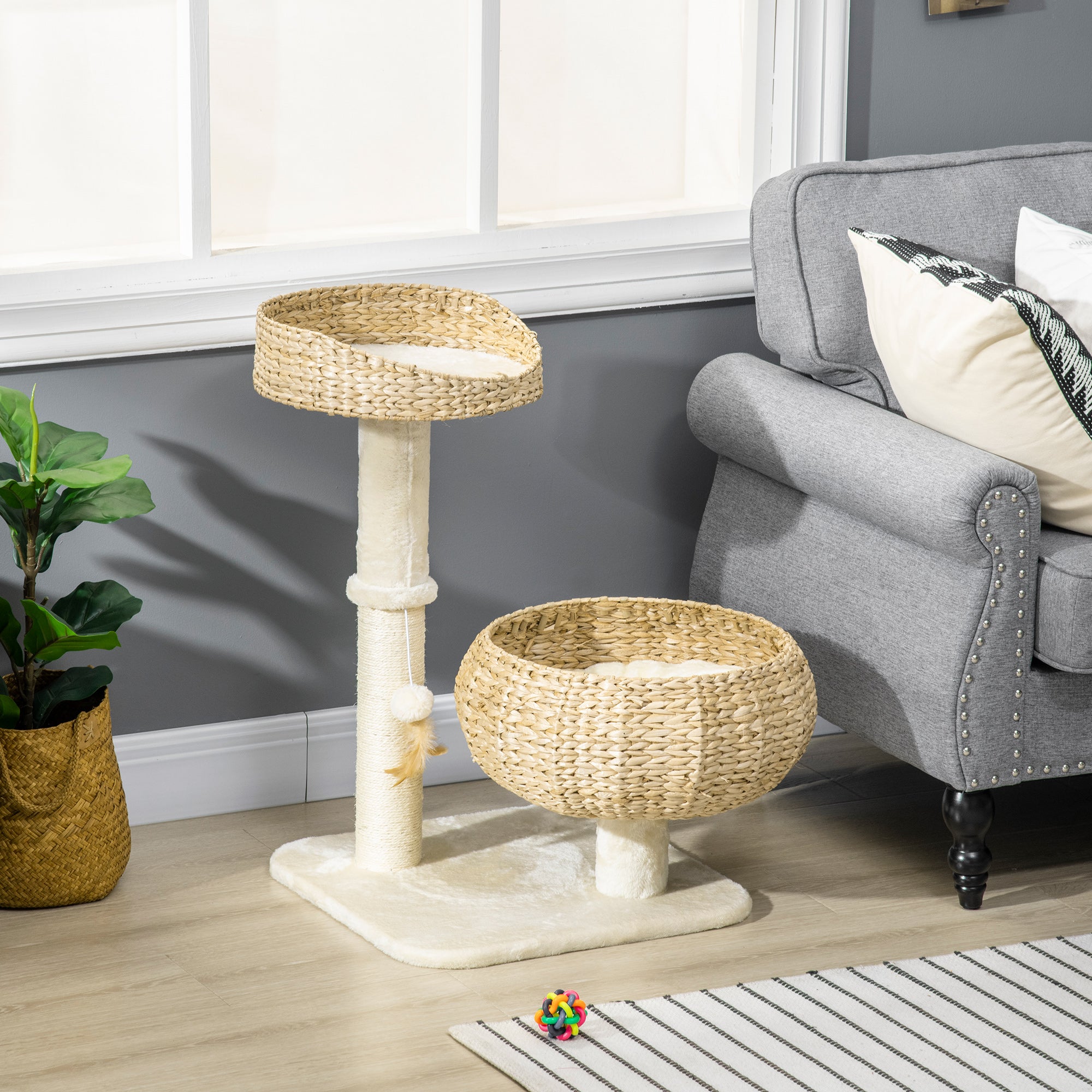 PawHut 28" Cat Tree with Scratching Post, Cat Tower for Indoor Cats with Double Beds, Beige