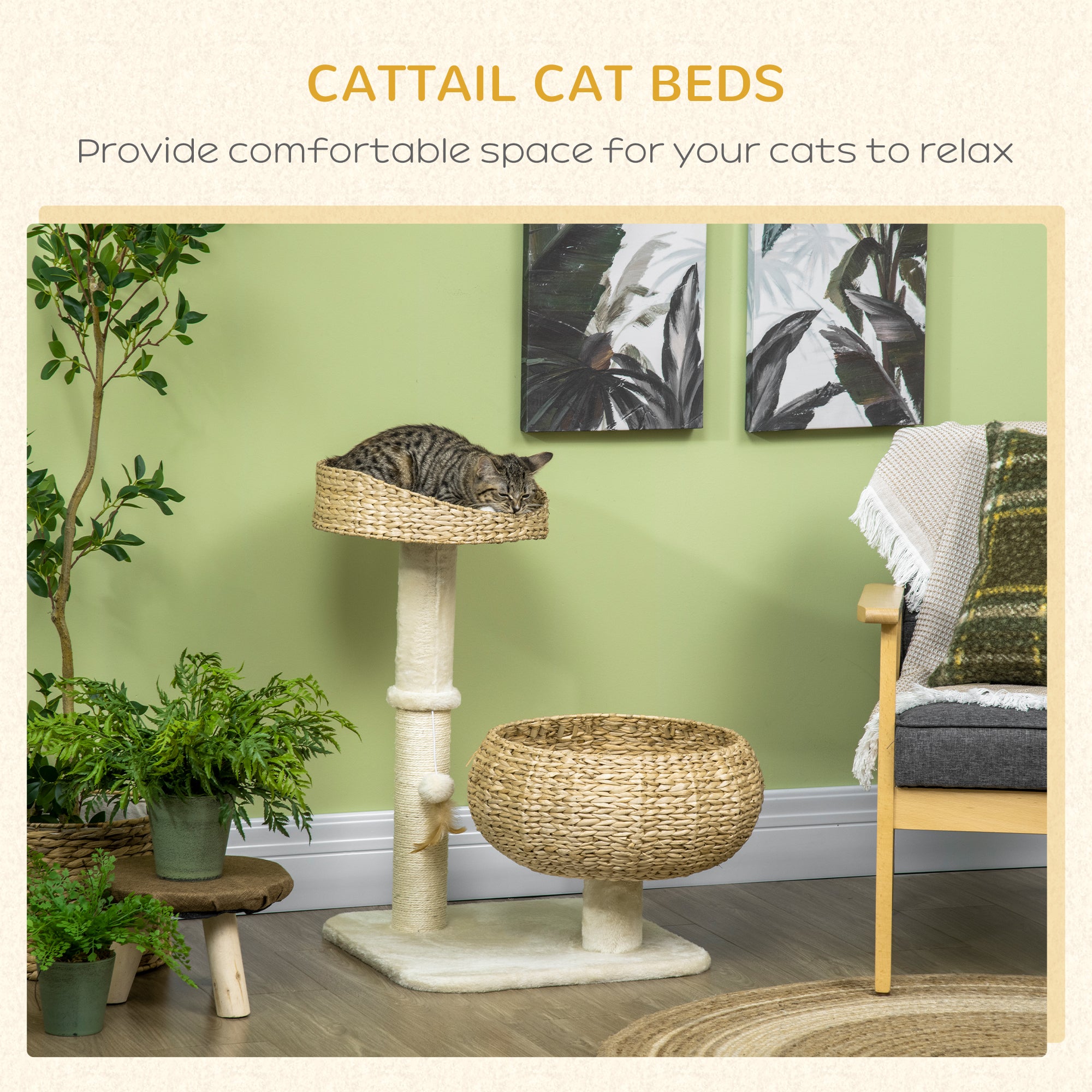 PawHut 28" Cat Tree with Scratching Post, Cat Tower for Indoor Cats with Double Beds, Beige