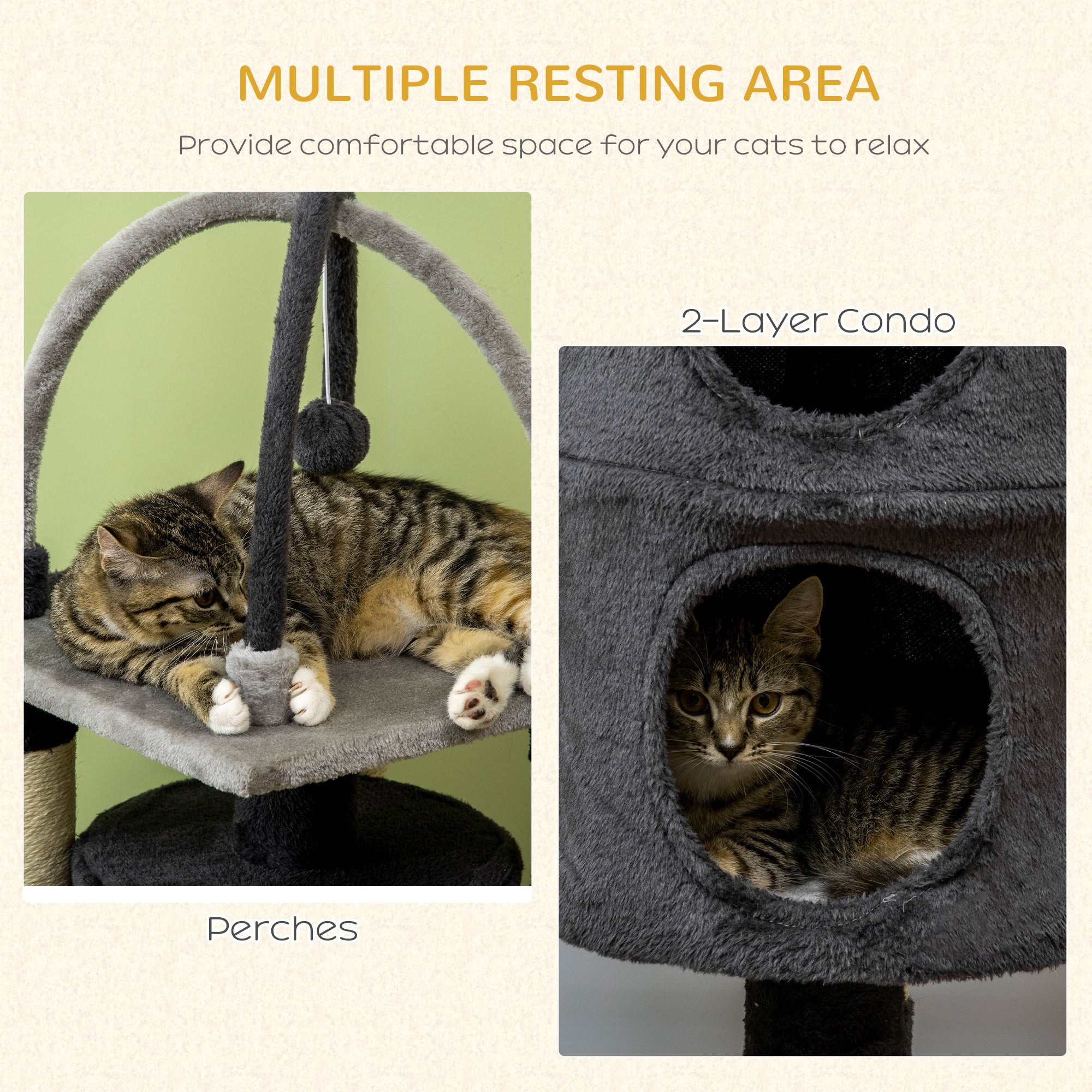 PawHut 114cm Cat Tree for Indoor Cats Kitten Play Tower w/ Jute Scratching Posts, Toy Ball, Cat House - Dark Grey