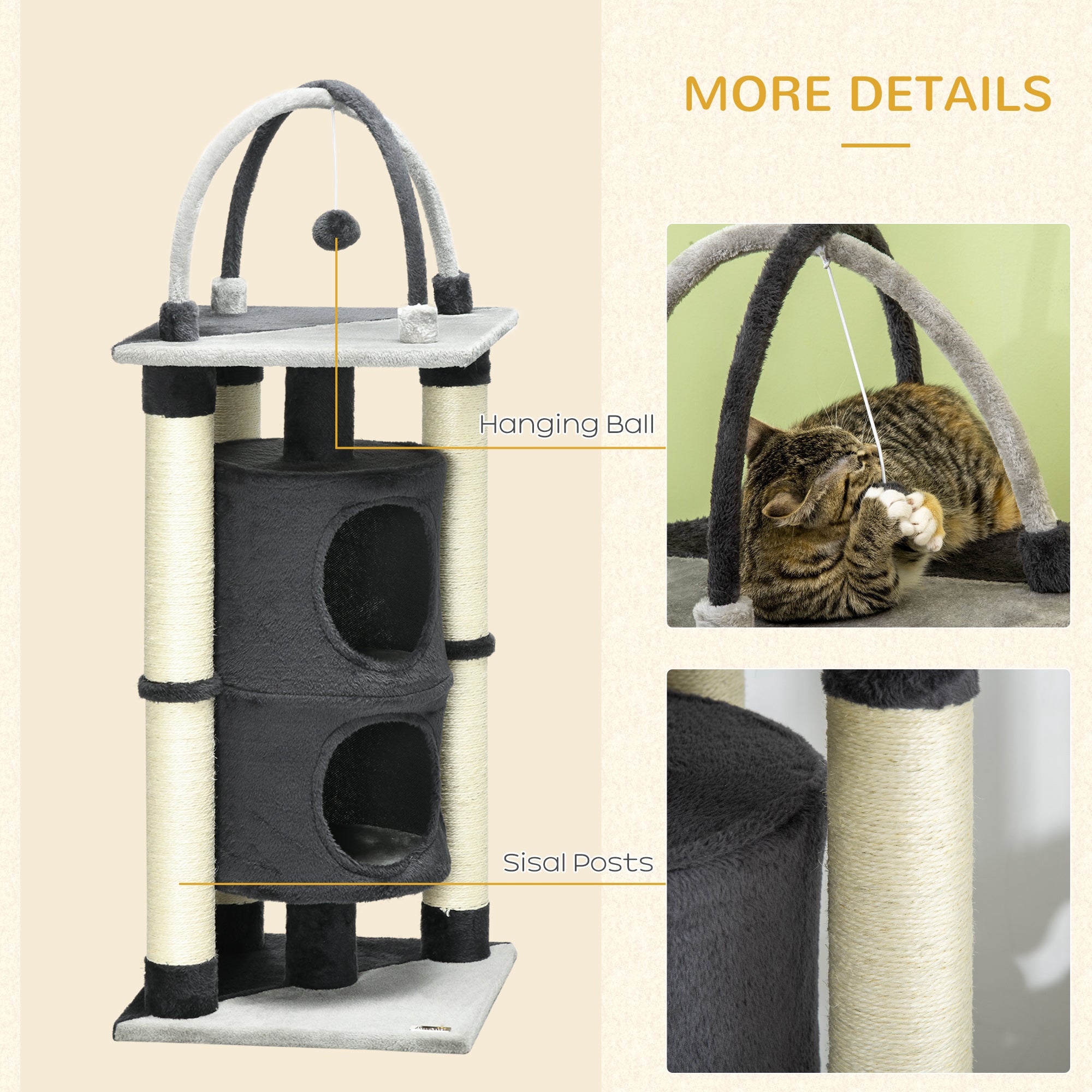 PawHut 114cm Cat Tree for Indoor Cats Kitten Play Tower w/ Jute Scratching Posts, Toy Ball, Cat House - Dark Grey