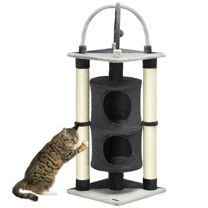 PawHut 114cm Cat Tree for Indoor Cats Kitten Play Tower w/ Jute Scratching Posts, Toy Ball, Cat House - Dark Grey