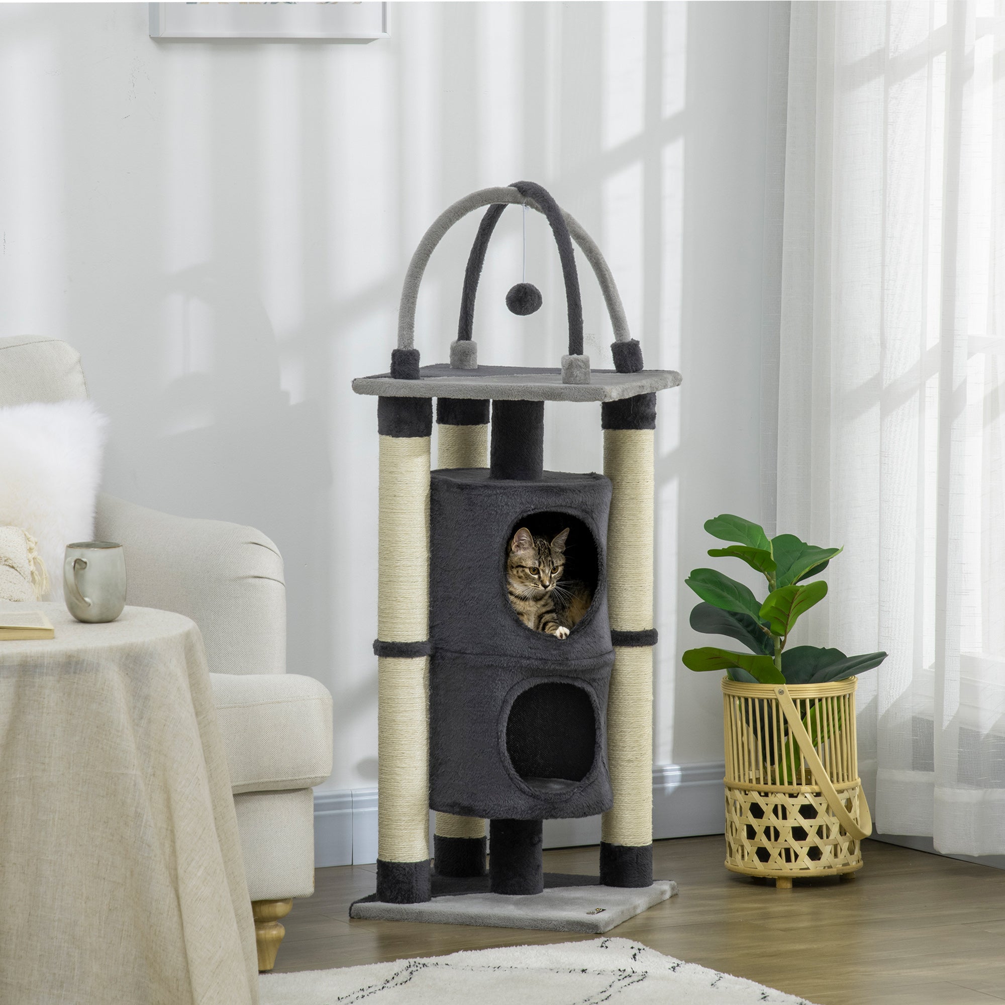 PawHut 114cm Cat Tree for Indoor Cats Kitten Play Tower w/ Jute Scratching Posts, Toy Ball, Cat House - Dark Grey