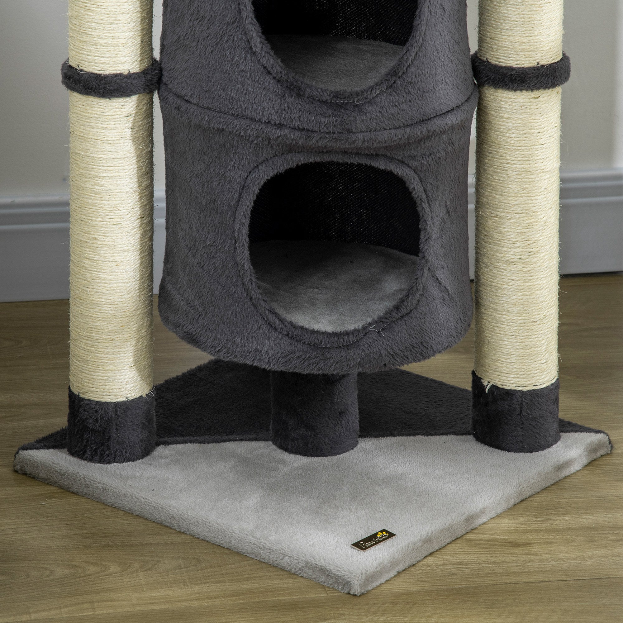 PawHut 114cm Cat Tree for Indoor Cats Kitten Play Tower w/ Jute Scratching Posts, Toy Ball, Cat House - Dark Grey