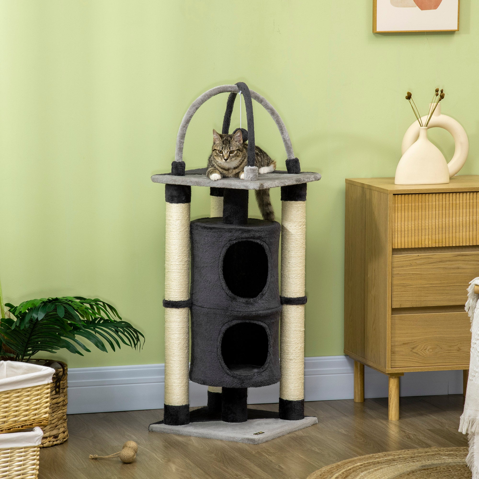 PawHut 114cm Cat Tree for Indoor Cats Kitten Play Tower w/ Jute Scratching Posts, Toy Ball, Cat House - Dark Grey
