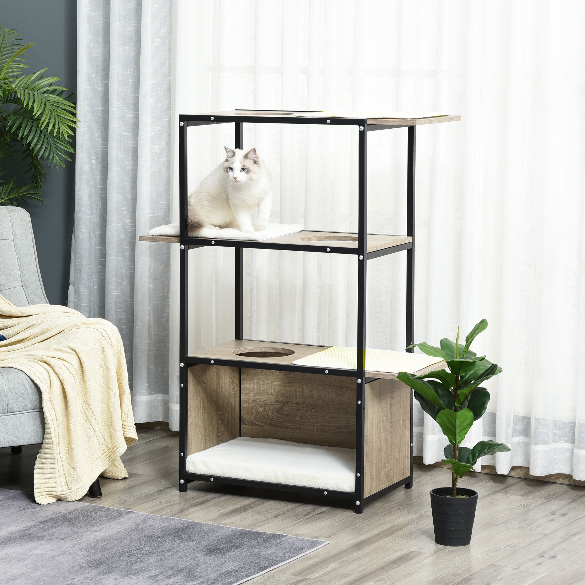 PawHut 48" H Cat House Cat Activity Tower Shelf Furniture with 3 Climbing Platforms, 1 Condo, Scratch Pad and Removable Cushions, Grey/Black