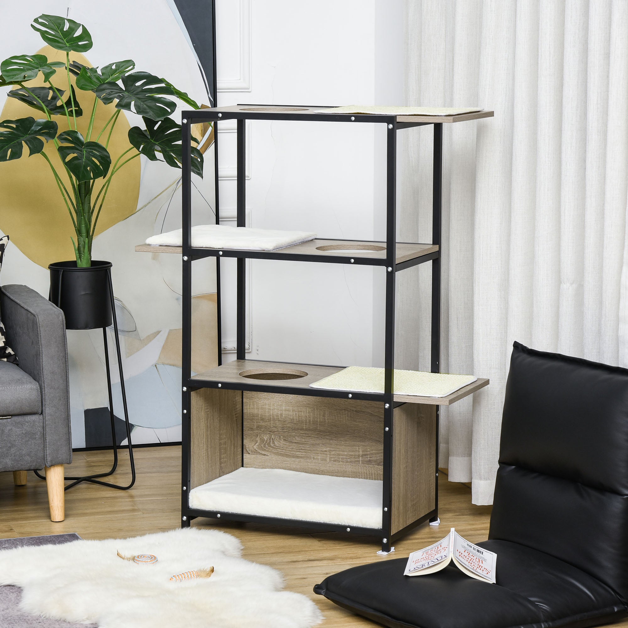 PawHut 48" H Cat House Cat Activity Tower Shelf Furniture with 3 Climbing Platforms, 1 Condo, Scratch Pad and Removable Cushions, Grey/Black