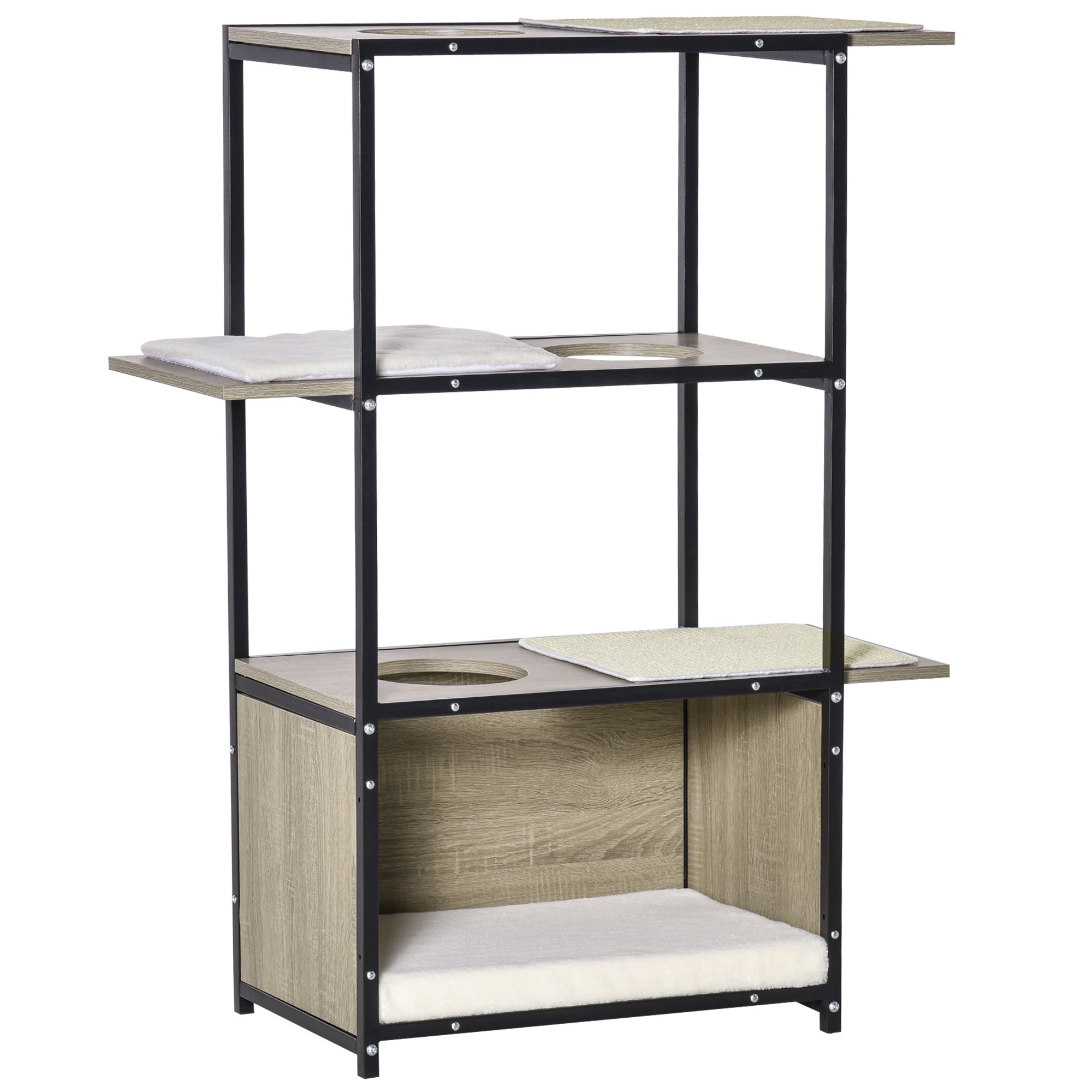 PawHut 48" H Cat House Cat Activity Tower Shelf Furniture with 3 Climbing Platforms, 1 Condo, Scratch Pad and Removable Cushions, Grey/Black