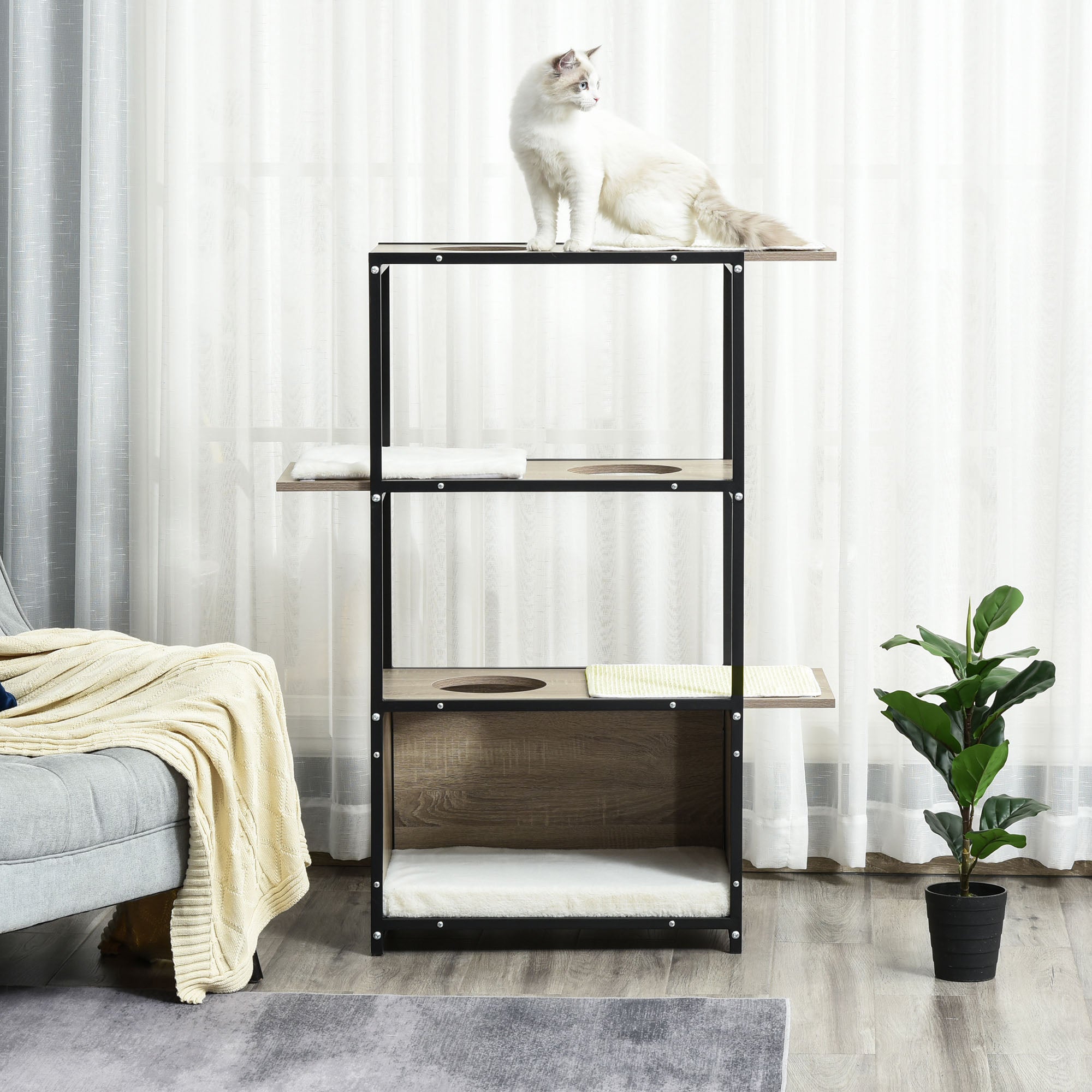 PawHut 48" H Cat House Cat Activity Tower Shelf Furniture with 3 Climbing Platforms, 1 Condo, Scratch Pad and Removable Cushions, Grey/Black