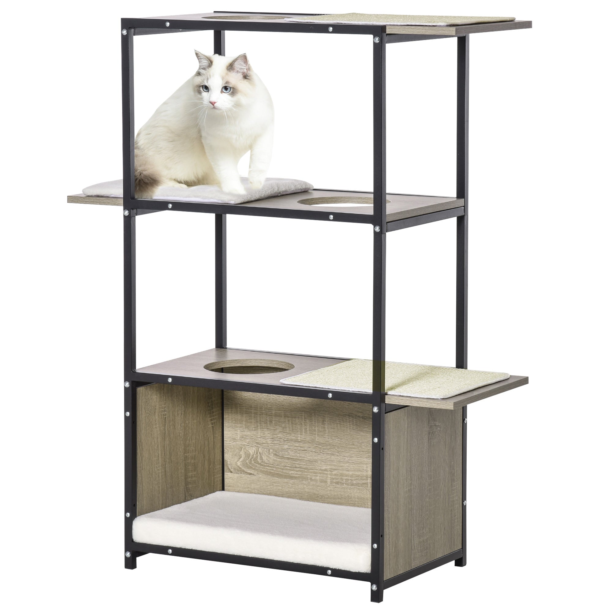 PawHut 48" H Cat House Cat Activity Tower Shelf Furniture with 3 Climbing Platforms, 1 Condo, Scratch Pad and Removable Cushions, Grey/Black