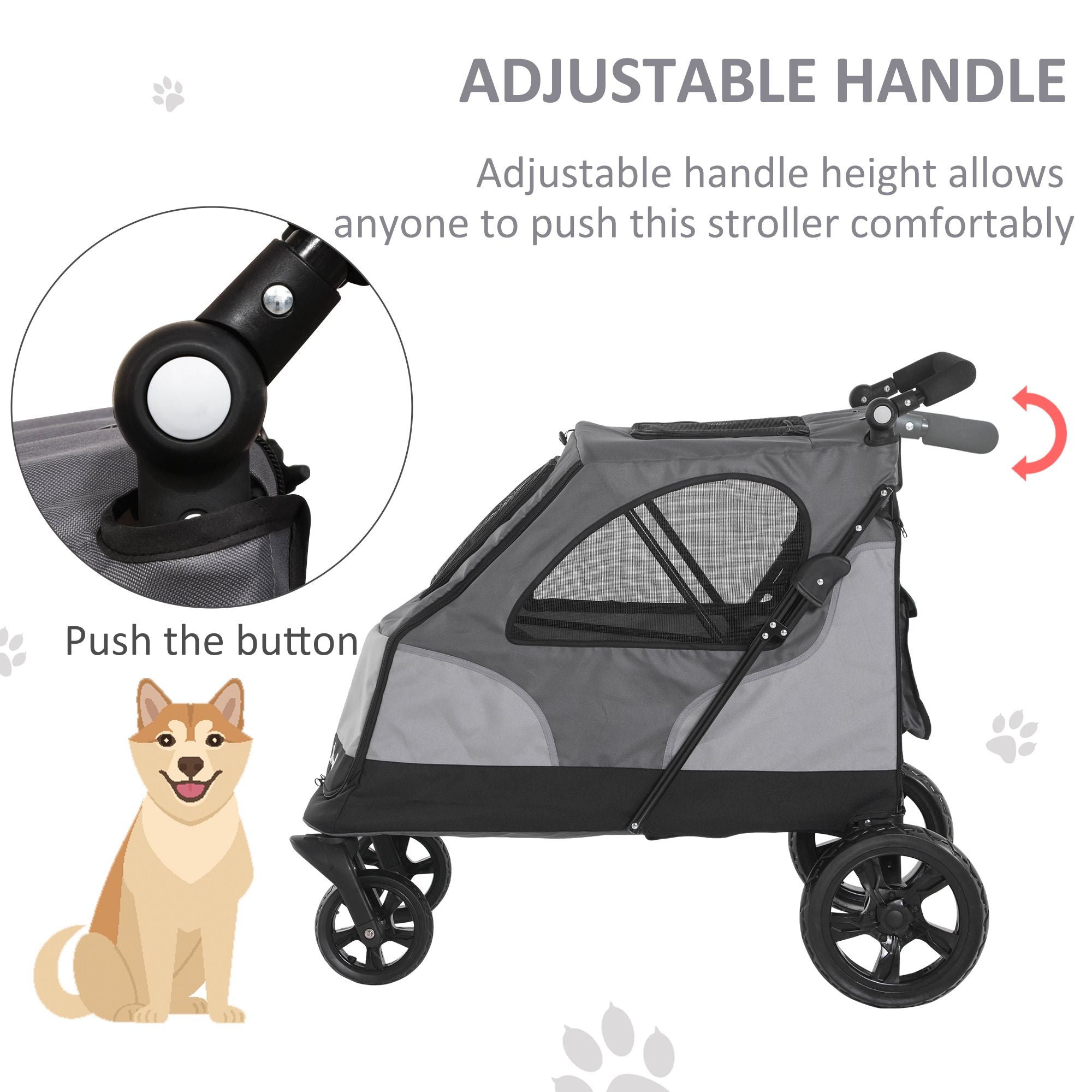 PawHut Pet Stroller Foldable Dog Cat Carriage with Adjustable Handlebar Rear Door EVA Wheel Brake Storage Bag Mesh Window Safety Leash Grey