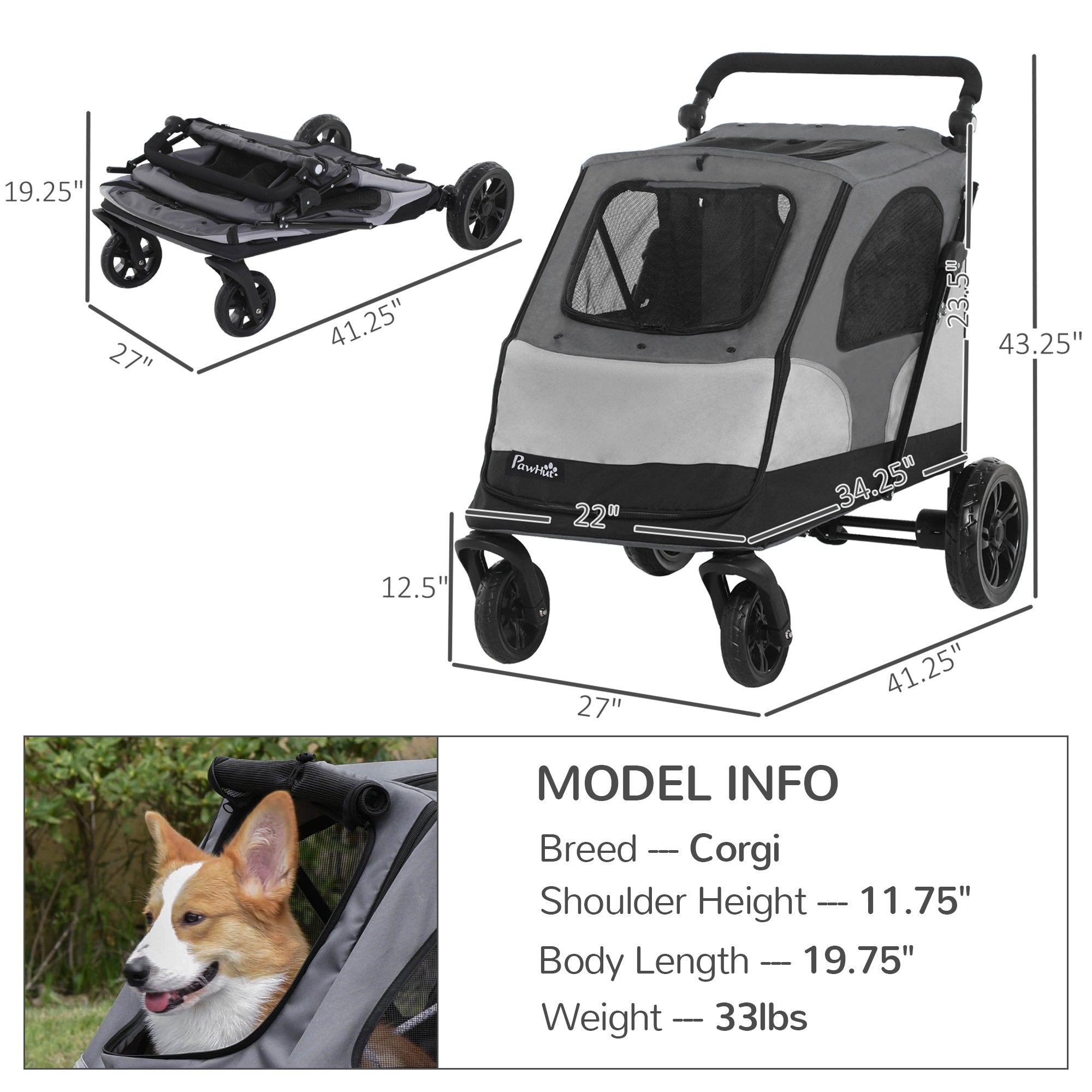 PawHut Pet Stroller Foldable Dog Cat Travel Carriage with Adjustable Handlebar Rear Door EVA Wheel Brake Storage Bag Mesh Window Safety Leash Grey
