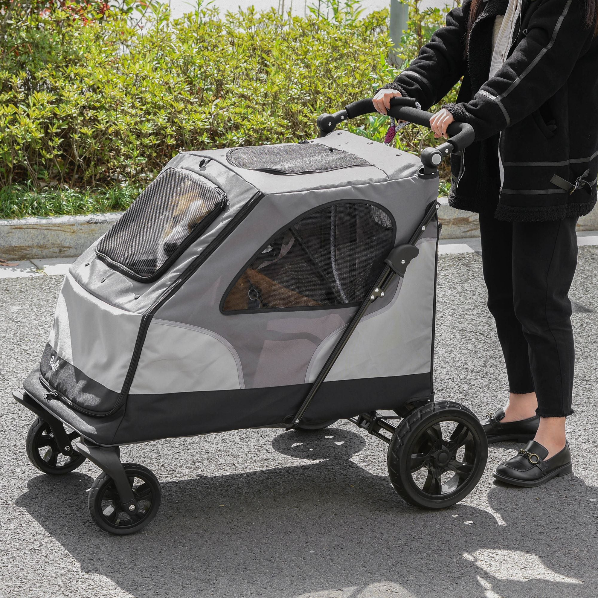 PawHut Pet Stroller Foldable Dog Cat Travel Carriage with Adjustable Handlebar Rear Door EVA Wheel Brake Storage Bag Mesh Window Safety Leash Grey