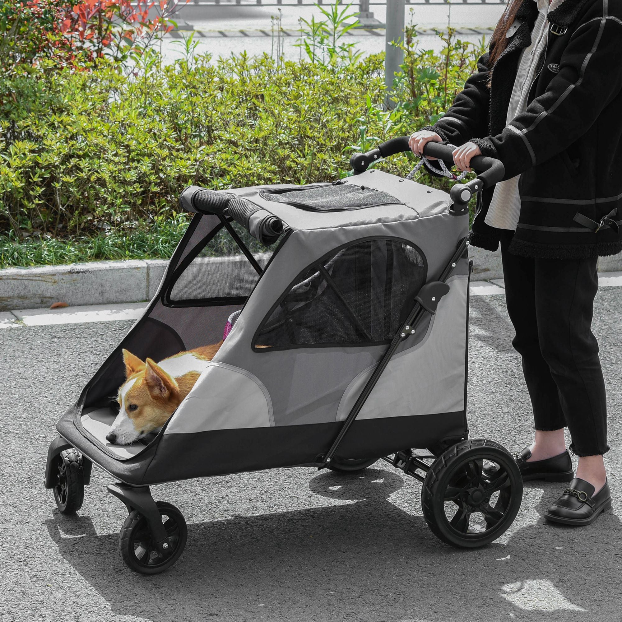 PawHut Pet Stroller Foldable Dog Cat Travel Carriage with Adjustable Handlebar Rear Door EVA Wheel Brake Storage Bag Mesh Window Safety Leash Grey
