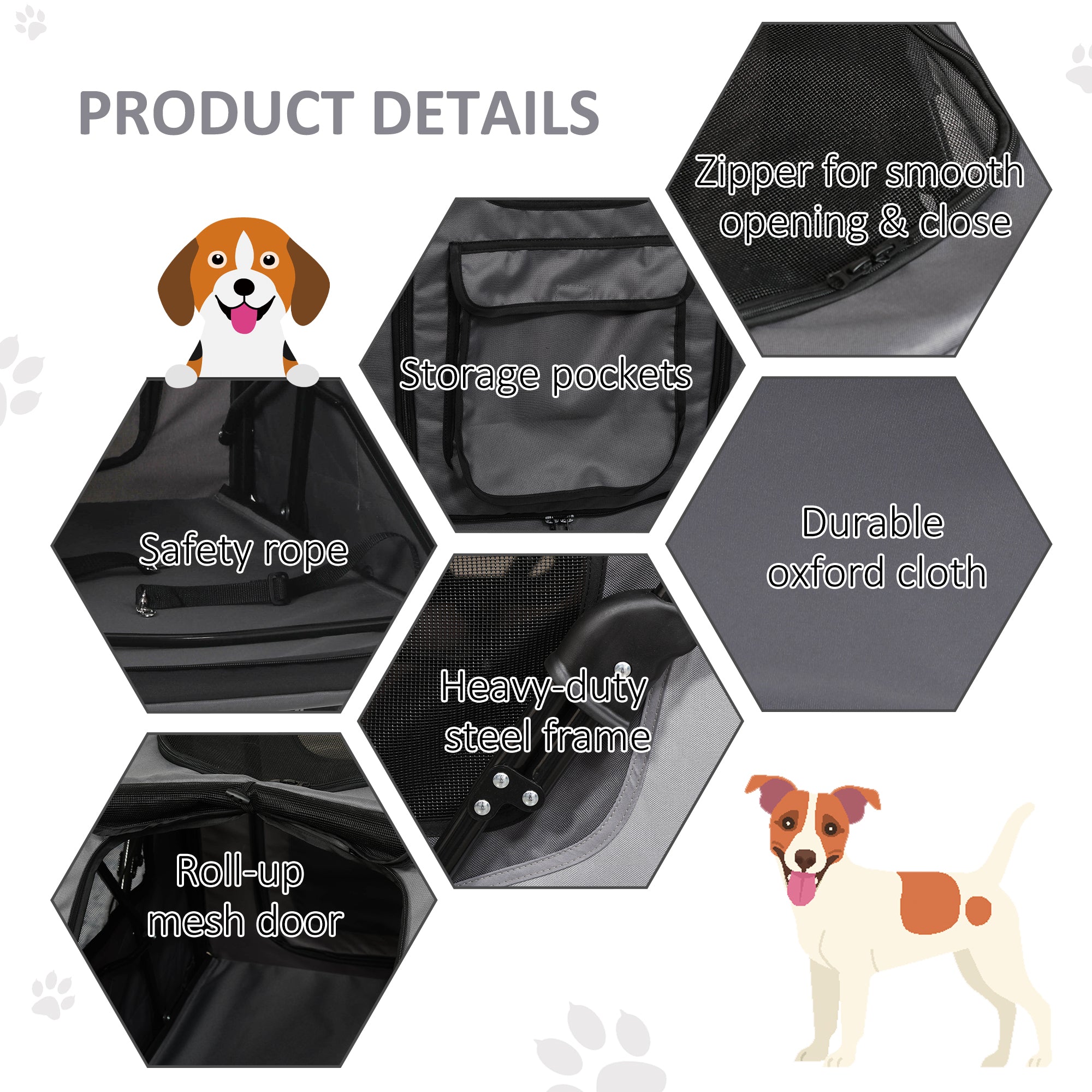 PawHut Pet Stroller Foldable Dog Cat Carriage with Adjustable Handlebar Rear Door EVA Wheel Brake Storage Bag Mesh Window Safety Leash Grey
