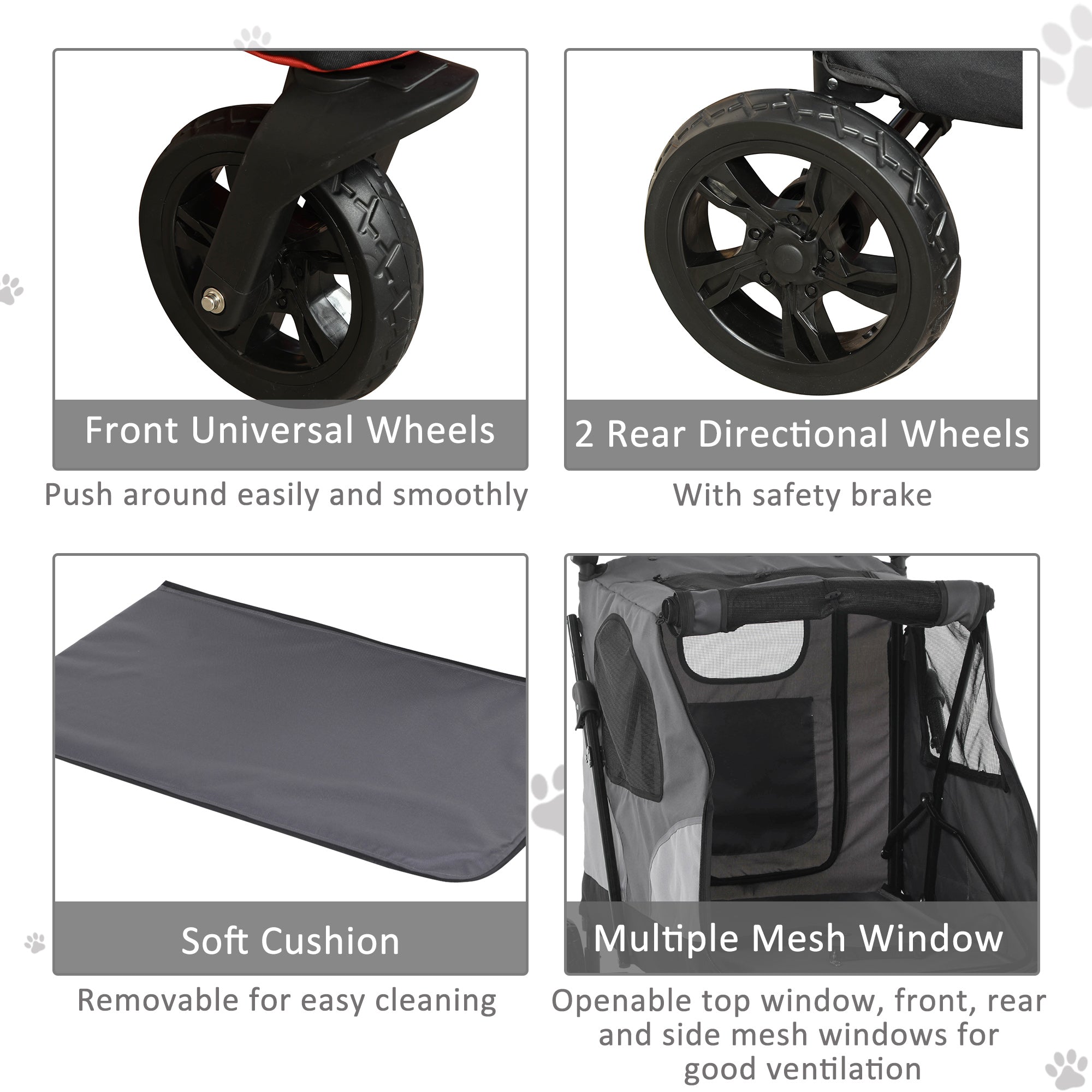 PawHut Pet Stroller Foldable Dog Cat Carriage with Adjustable Handlebar Rear Door EVA Wheel Brake Storage Bag Mesh Window Safety Leash Grey