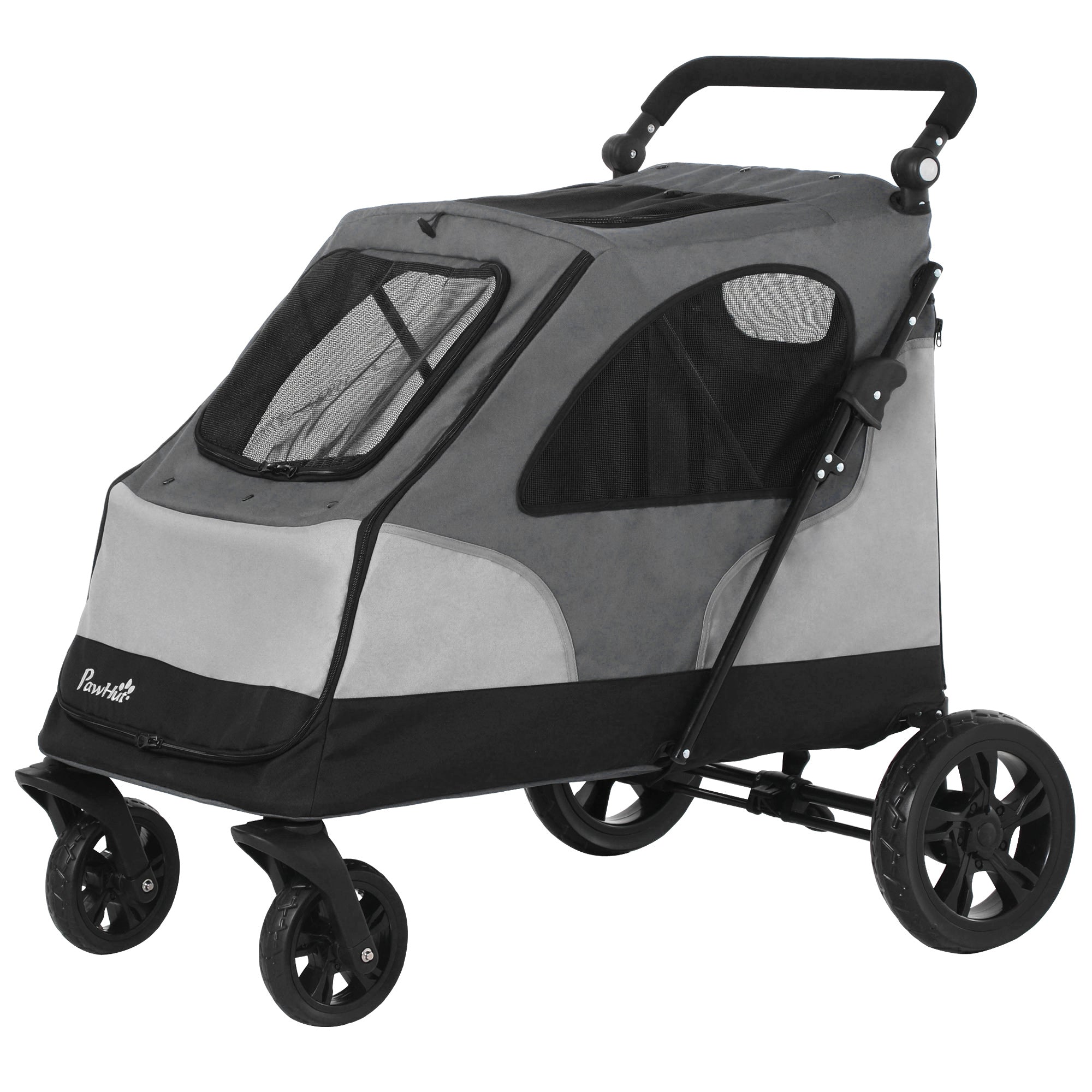 PawHut Pet Stroller Foldable Dog Cat Travel Carriage with Adjustable Handlebar Rear Door EVA Wheel Brake Storage Bag Mesh Window Safety Leash Grey