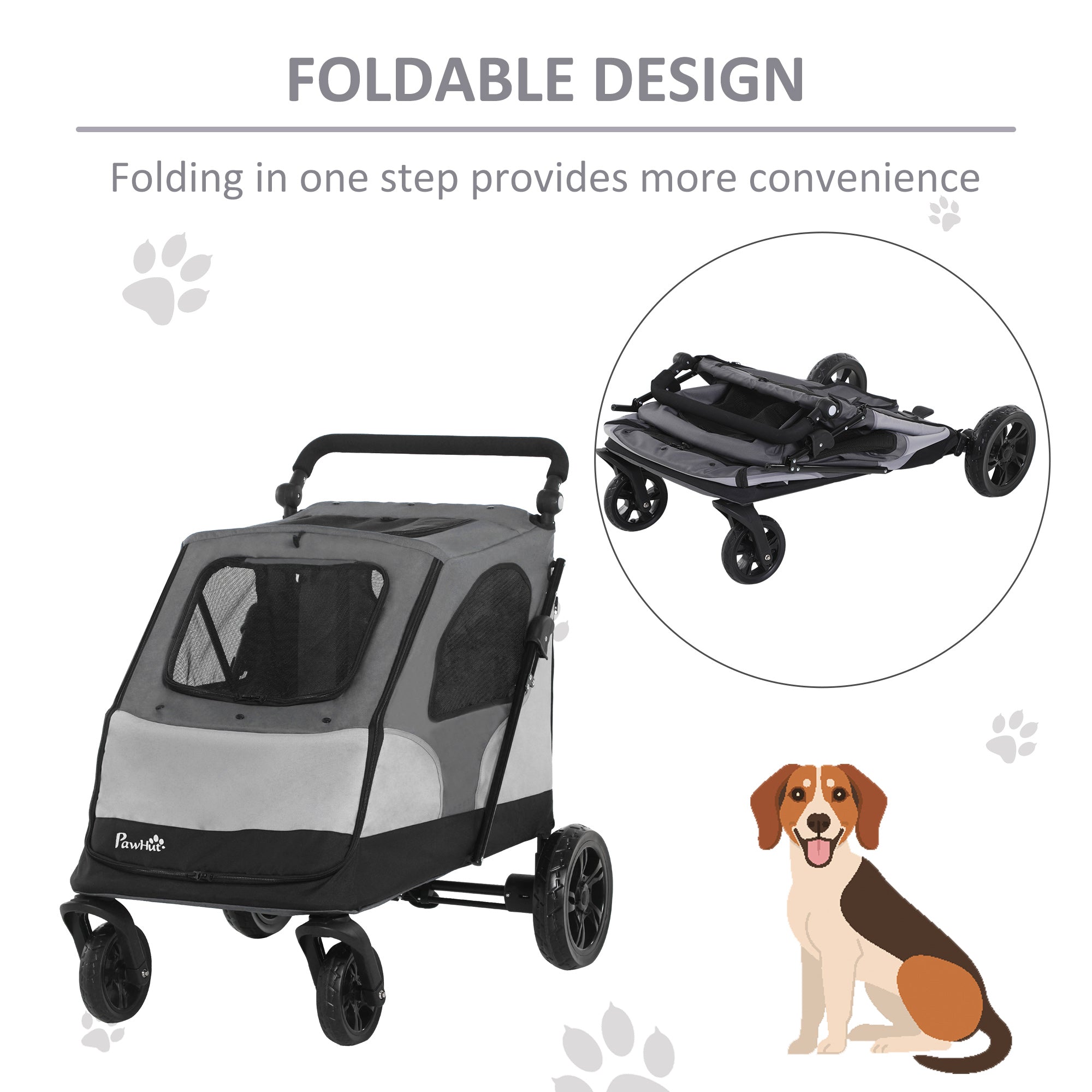 PawHut Pet Stroller Foldable Dog Cat Carriage with Adjustable Handlebar Rear Door EVA Wheel Brake Storage Bag Mesh Window Safety Leash Grey