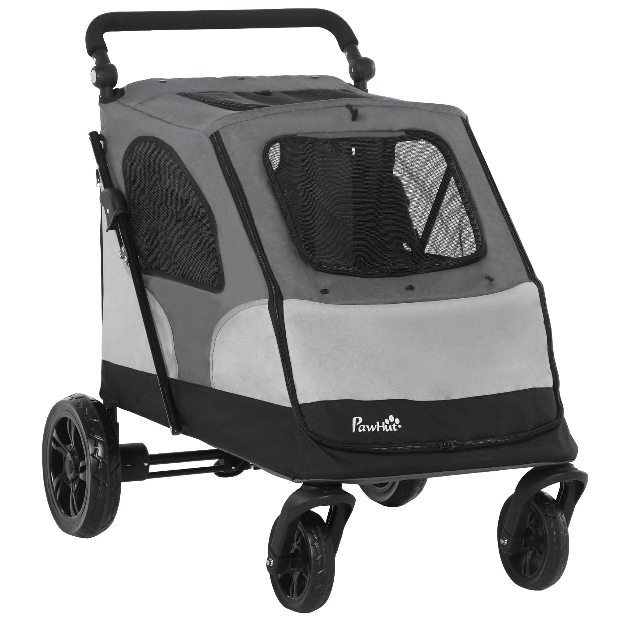 PawHut Pet Stroller Foldable Dog Cat Travel Carriage with Adjustable Handlebar Rear Door EVA Wheel Brake Storage Bag Mesh Window Safety Leash Grey