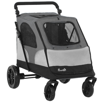PawHut Pet Stroller Foldable Dog Cat Travel Carriage with Adjustable Handlebar Rear Door EVA Wheel Brake Storage Bag Mesh Window Safety Leash Grey
