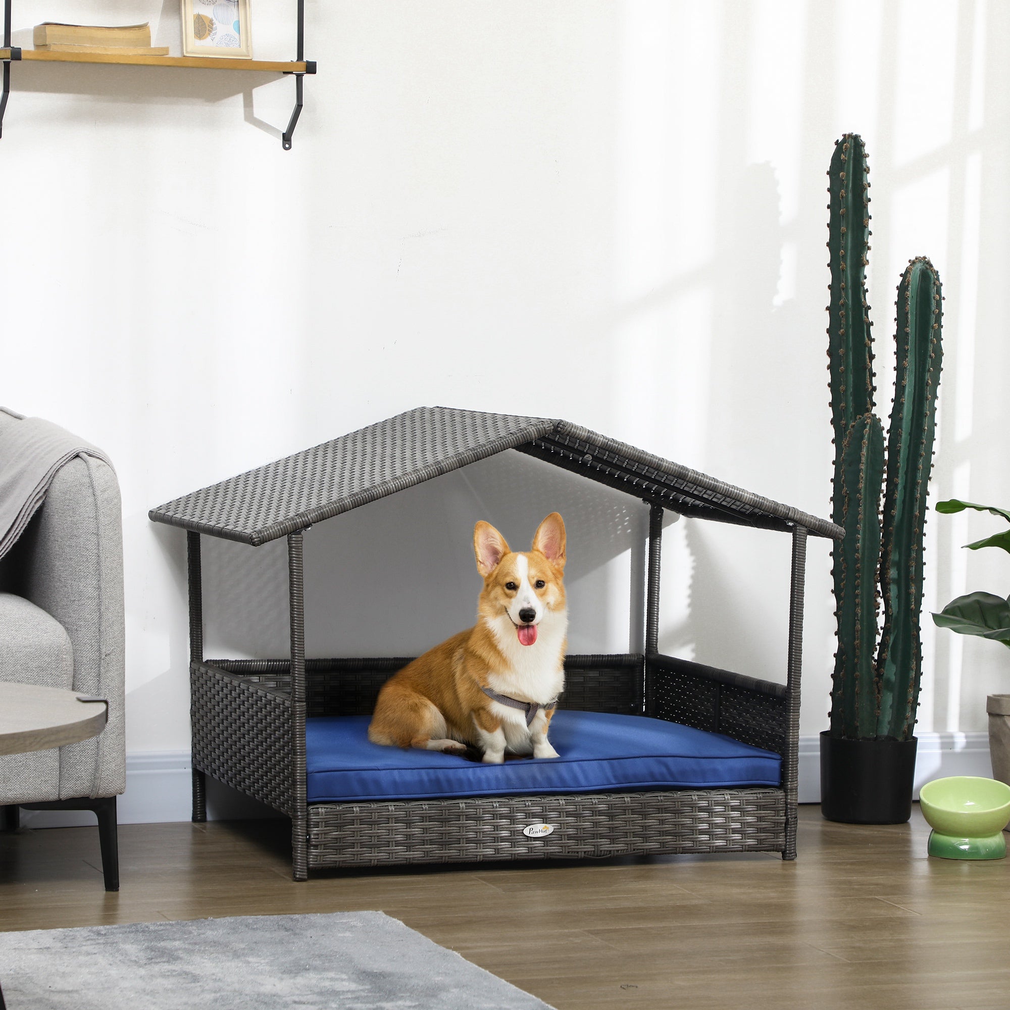 PawHut Wicker Dog House Outdoor with Canopy, Rattan Dog Bed with Water-resistant Cushion, Raised Dog Bed for Small, Medium Dogs up to 66 lbs, 19.75" in Length, Gray Wicker, Dark Blue Cushion