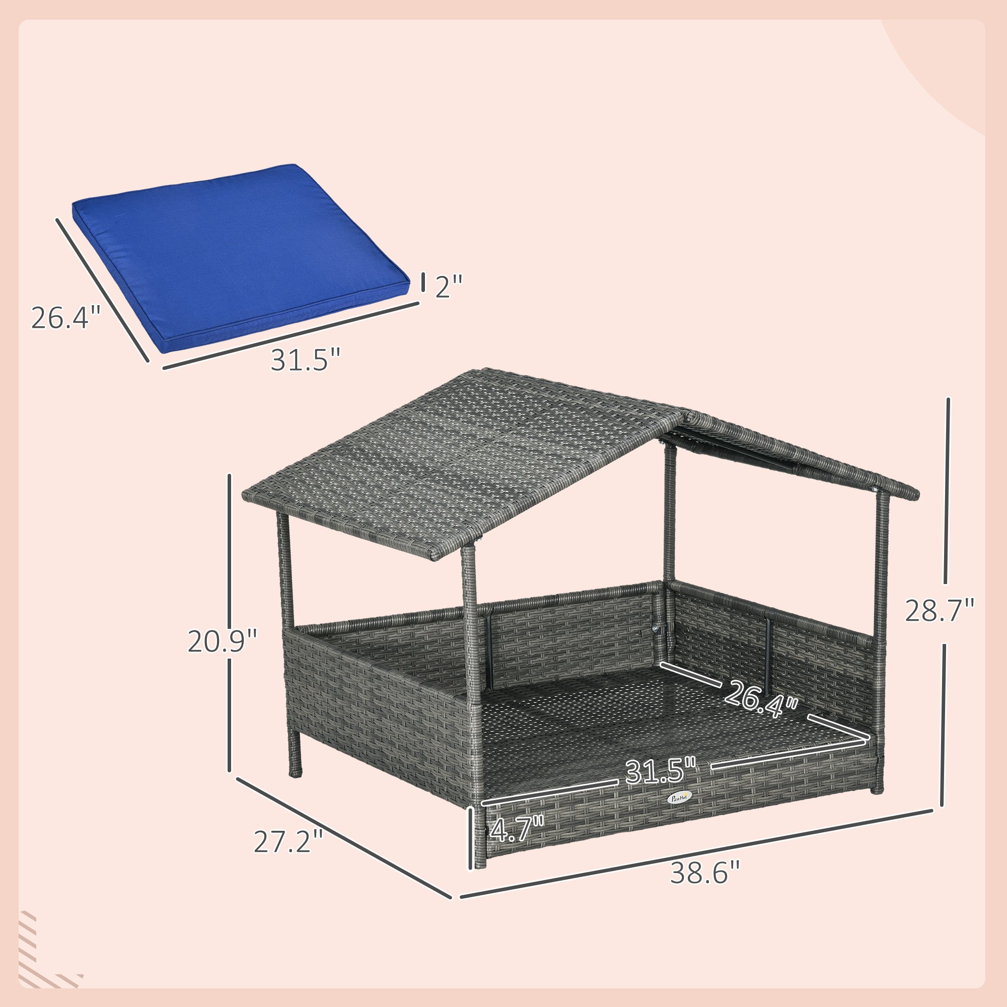 PawHut Wicker Dog House Outdoor with Canopy, Rattan Dog Bed with Water-resistant Cushion, Raised Dog Bed for Small, Medium Dogs up to 66 lbs, 19.75" in Length, Gray Wicker, Dark Blue Cushion