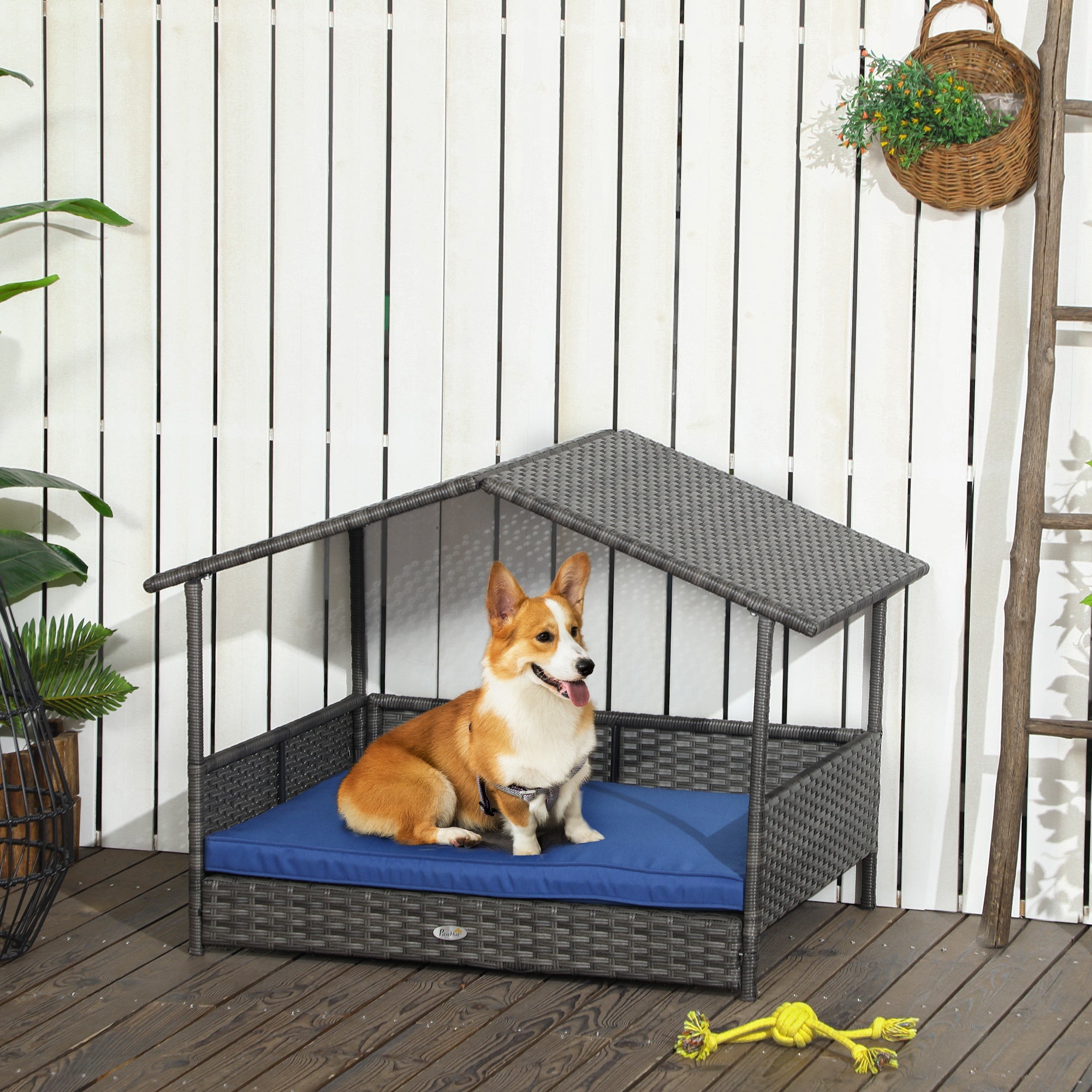 PawHut Wicker Dog House Outdoor with Canopy, Rattan Dog Bed with Water-resistant Cushion, Raised Dog Bed for Small, Medium Dogs up to 66 lbs, 19.75" in Length, Gray Wicker, Dark Blue Cushion
