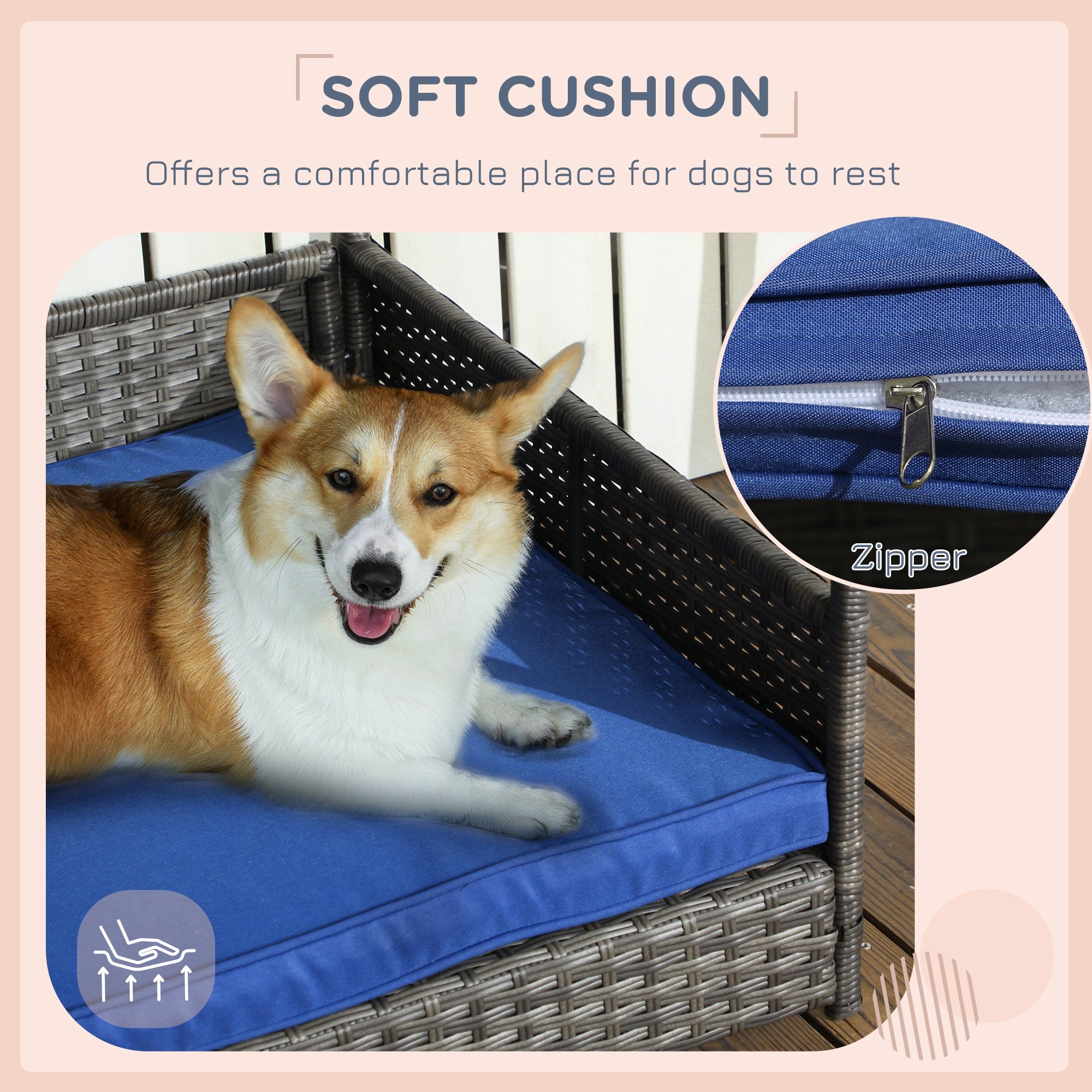 PawHut Wicker Dog House Outdoor with Canopy, Rattan Dog Bed with Water-resistant Cushion, Raised Dog Bed for Small, Medium Dogs up to 66 lbs, 19.75" in Length, Gray Wicker, Dark Blue Cushion