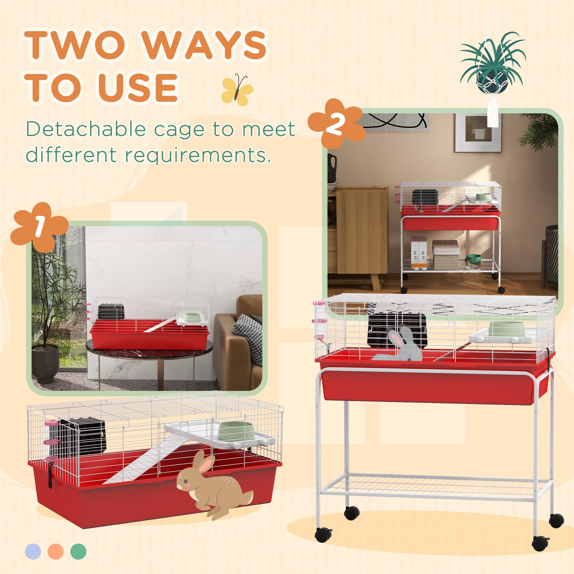 PawHut Two- Story Small Animal Cage Removable from Stand, Guinea Pig Cage, Hedgehog Cage, Chinchilla Cage, Ferret, with Shelf & Wheels, Pet Habitat, 33" x 18.5" x 35" , Red