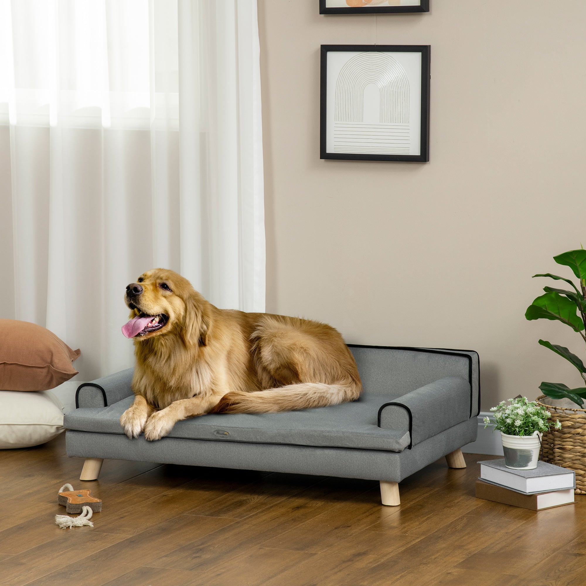 PawHut Dog Sofa with Legs Water-resistant Fabric, Pet Chair Bed for Large, Medium Dogs, Grey, 100 x 62 x 32 cm