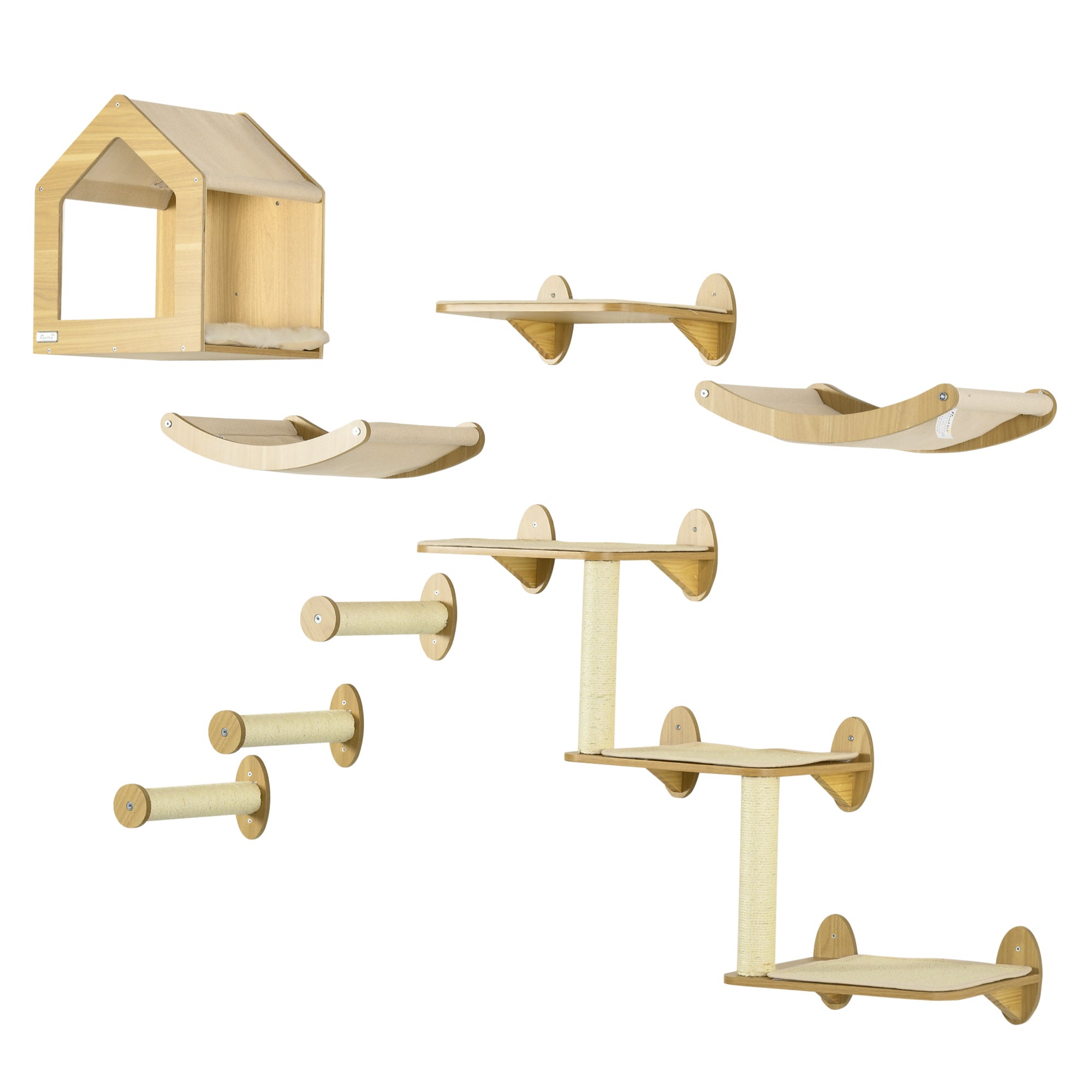 PawHut 8 Piece Cat Shelves Set, Cat Wall Furniture with Condo, 3 Perches, 3 Scratching Posts, Steps, Wall Mounted Cat Tree for Indoor Cats, Beige
