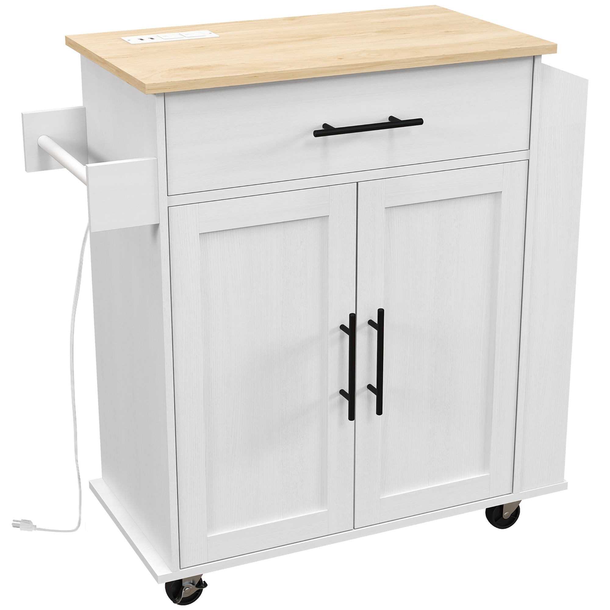 HOMCOM Kitchen Island on Wheels with Power Outlet, Rolling Kitchen Cart with Storage Drawer, Portable Microwave Stand with Cabinet, Towel Rack and Spice Rack (White)