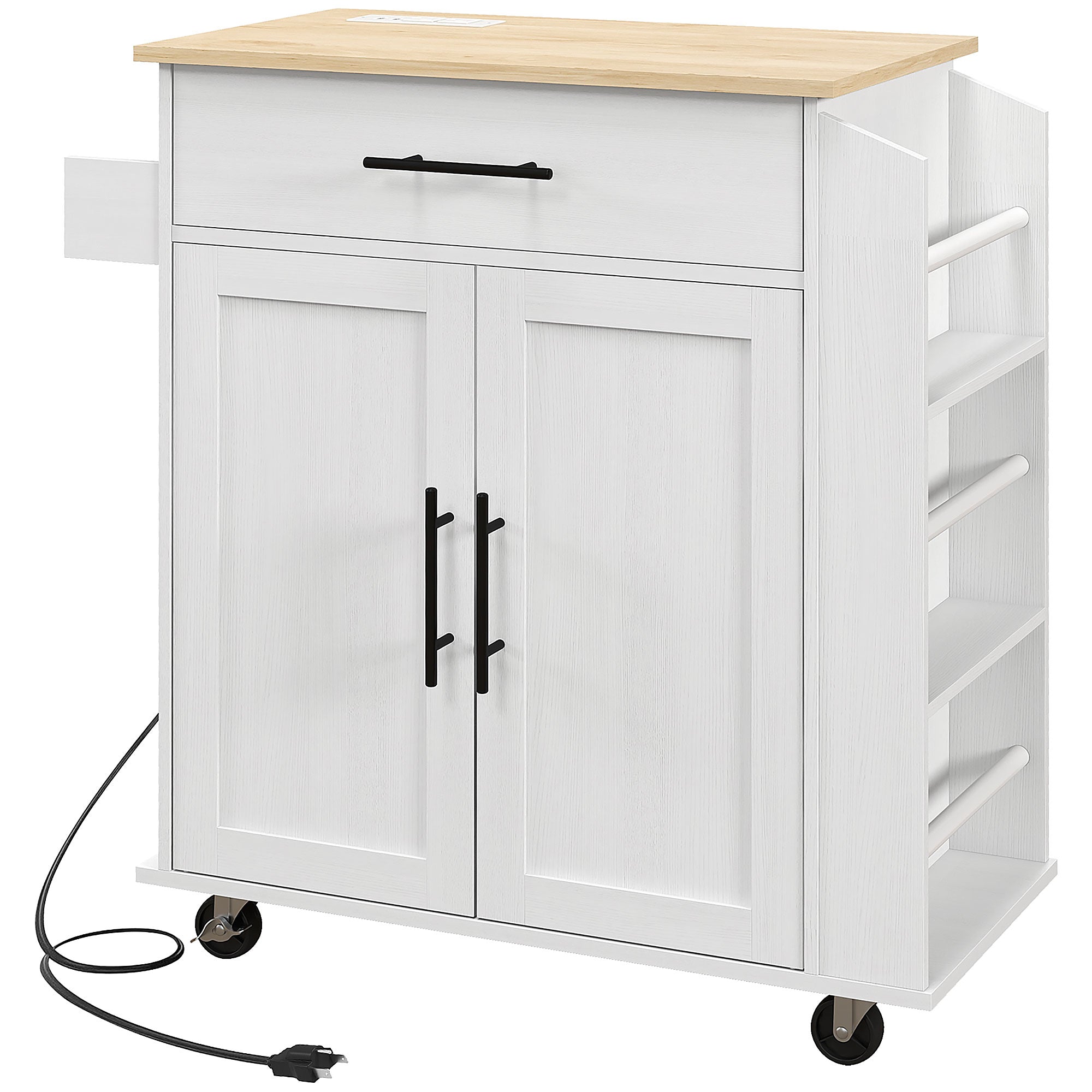 HOMCOM Kitchen Island on Wheels with Power Outlet, Rolling Kitchen Cart with Storage Drawer, Portable Microwave Stand with Cabinet, Towel Rack and Spice Rack (White)