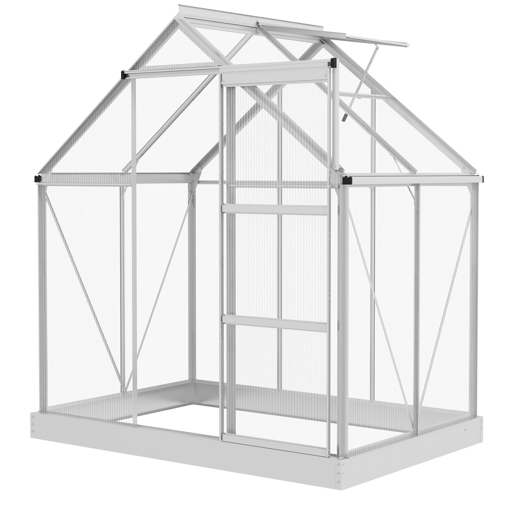 Outsunny 6' x 4' Polycarbonate Greenhouse, Walk-In Greenhouse with Sliding Door, Adjustable Vent, Aluminium Frame and Foundation Kit, Garden Grow House with Rain Gutter, Silver