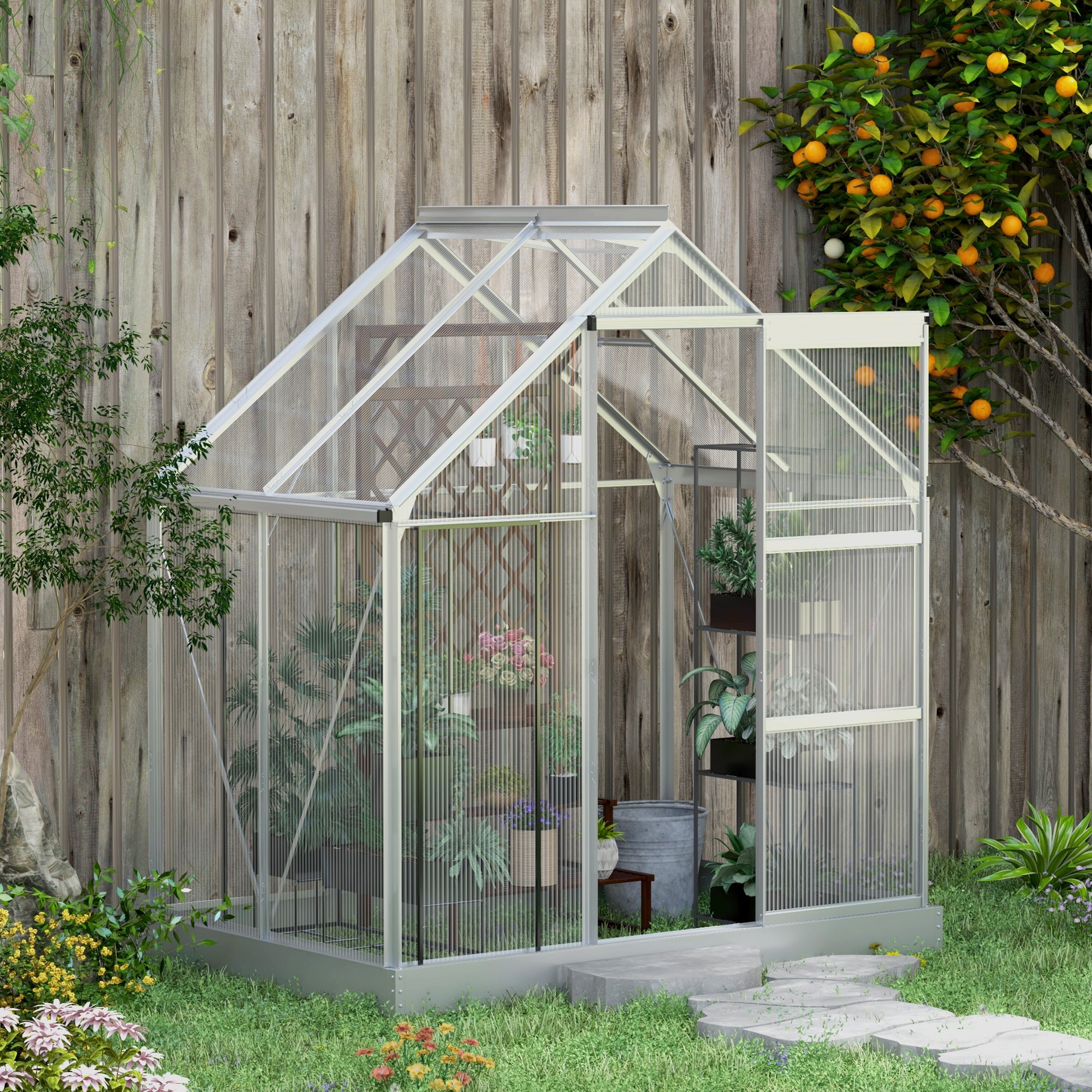 Outsunny 6' x 4' Polycarbonate Greenhouse, Walk-In Greenhouse with Sliding Door, Adjustable Vent, Aluminium Frame and Foundation Kit, Garden Grow House with Rain Gutter, Silver