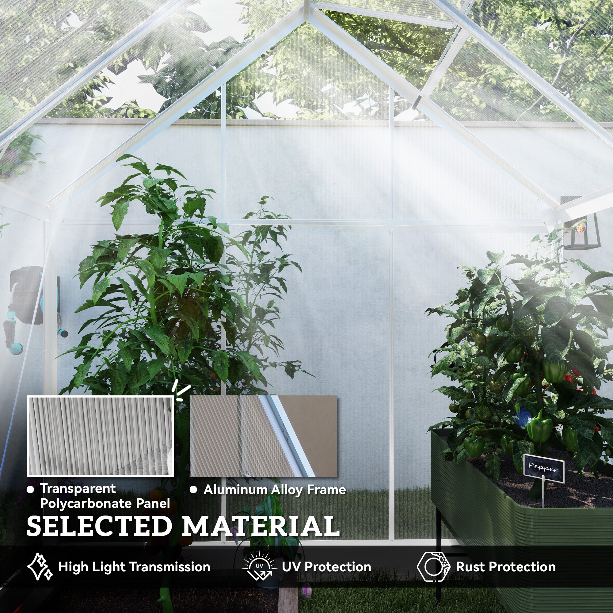 Outsunny 6' x 4' Polycarbonate Greenhouse, Walk-In Greenhouse with Sliding Door, Adjustable Vent, Aluminium Frame and Foundation Kit, Garden Grow House with Rain Gutter, Silver