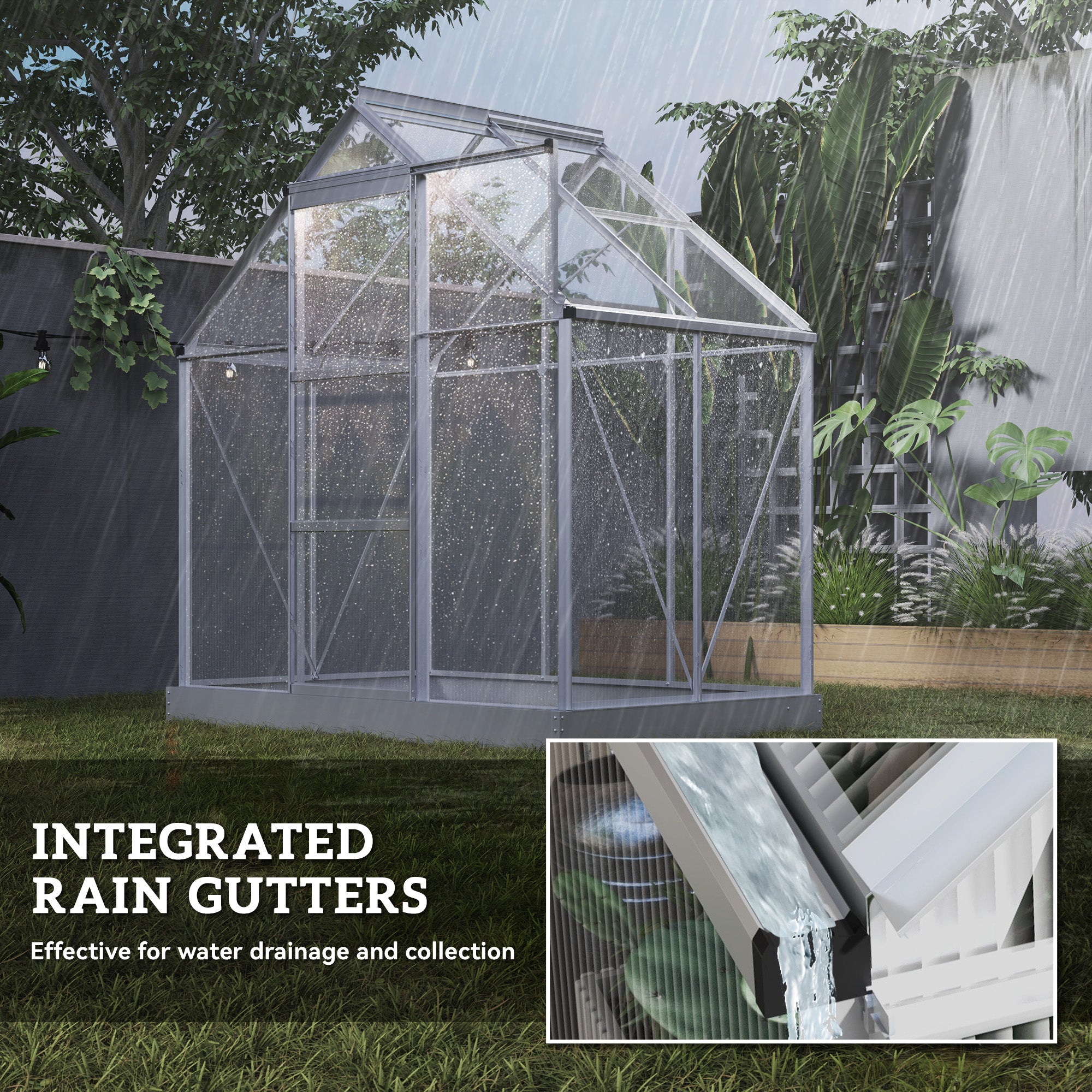Outsunny 6' x 4' Polycarbonate Greenhouse, Walk-In Greenhouse with Sliding Door, Adjustable Vent, Aluminium Frame and Foundation Kit, Garden Grow House with Rain Gutter, Silver