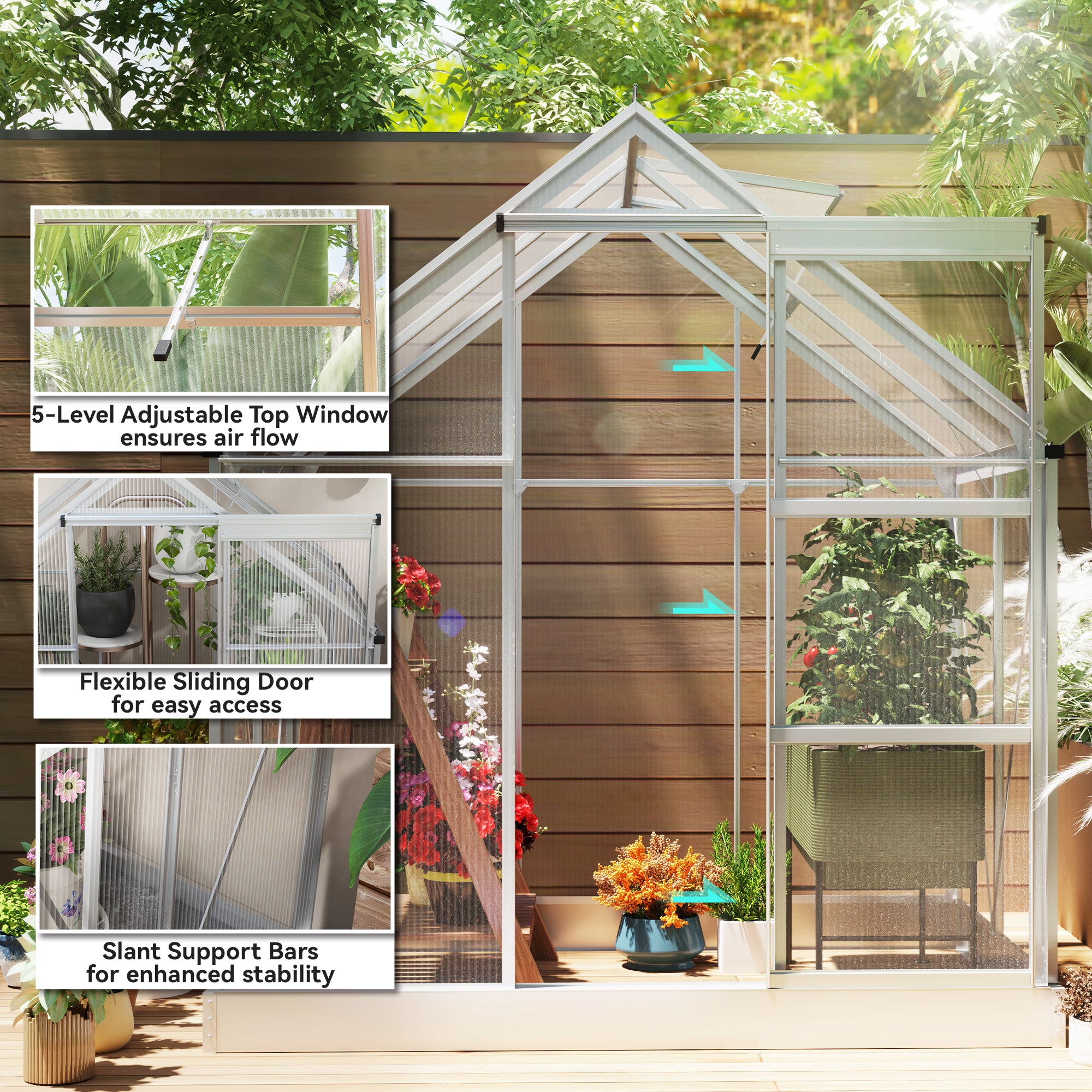 Outsunny 6' x 4' Polycarbonate Greenhouse, Walk-In Greenhouse with Sliding Door, Adjustable Vent, Aluminium Frame and Foundation Kit, Garden Grow House with Rain Gutter, Silver