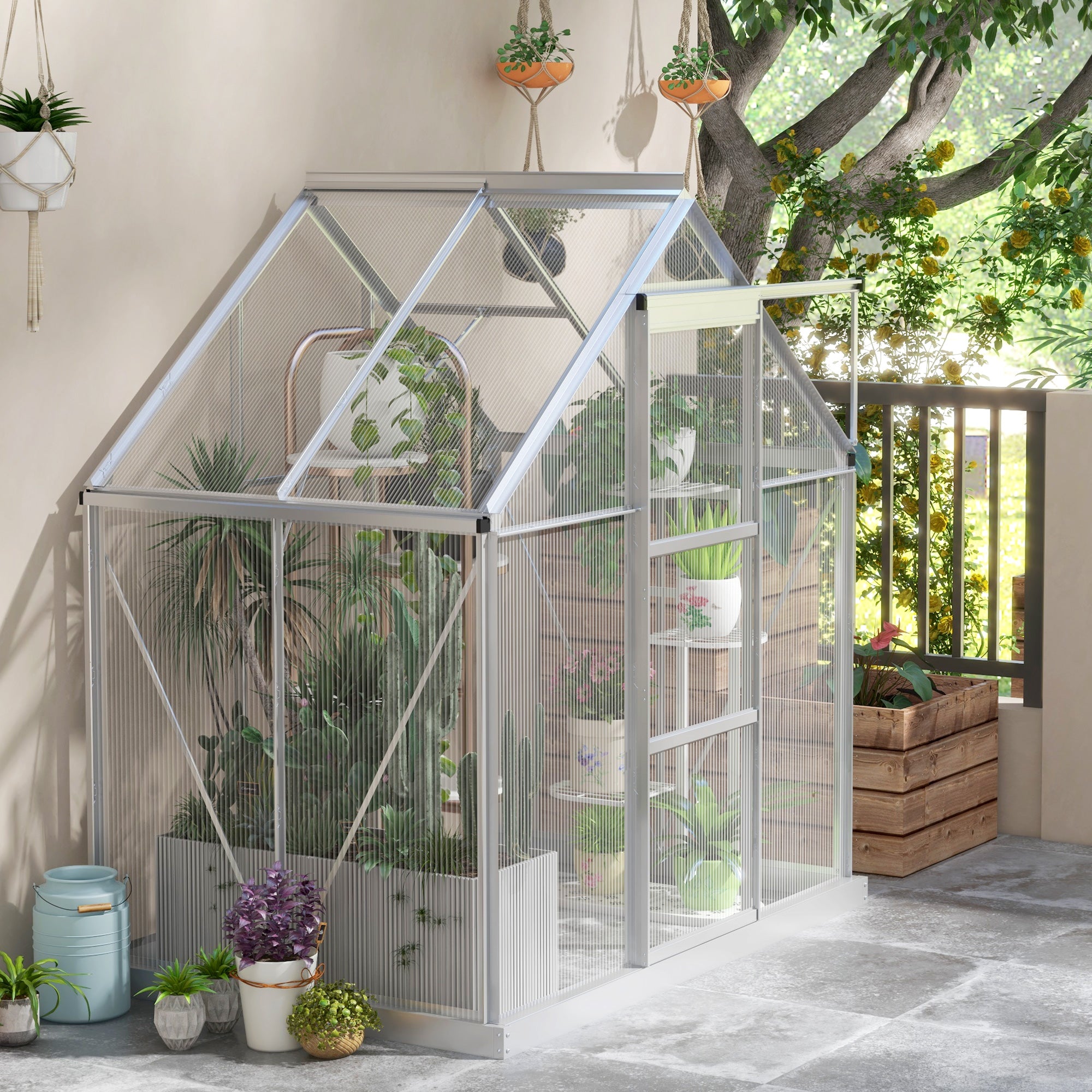 Outsunny 6' x 4' Polycarbonate Greenhouse, Walk-In Greenhouse with Sliding Door, Adjustable Vent, Aluminium Frame and Foundation Kit, Garden Grow House with Rain Gutter, Silver