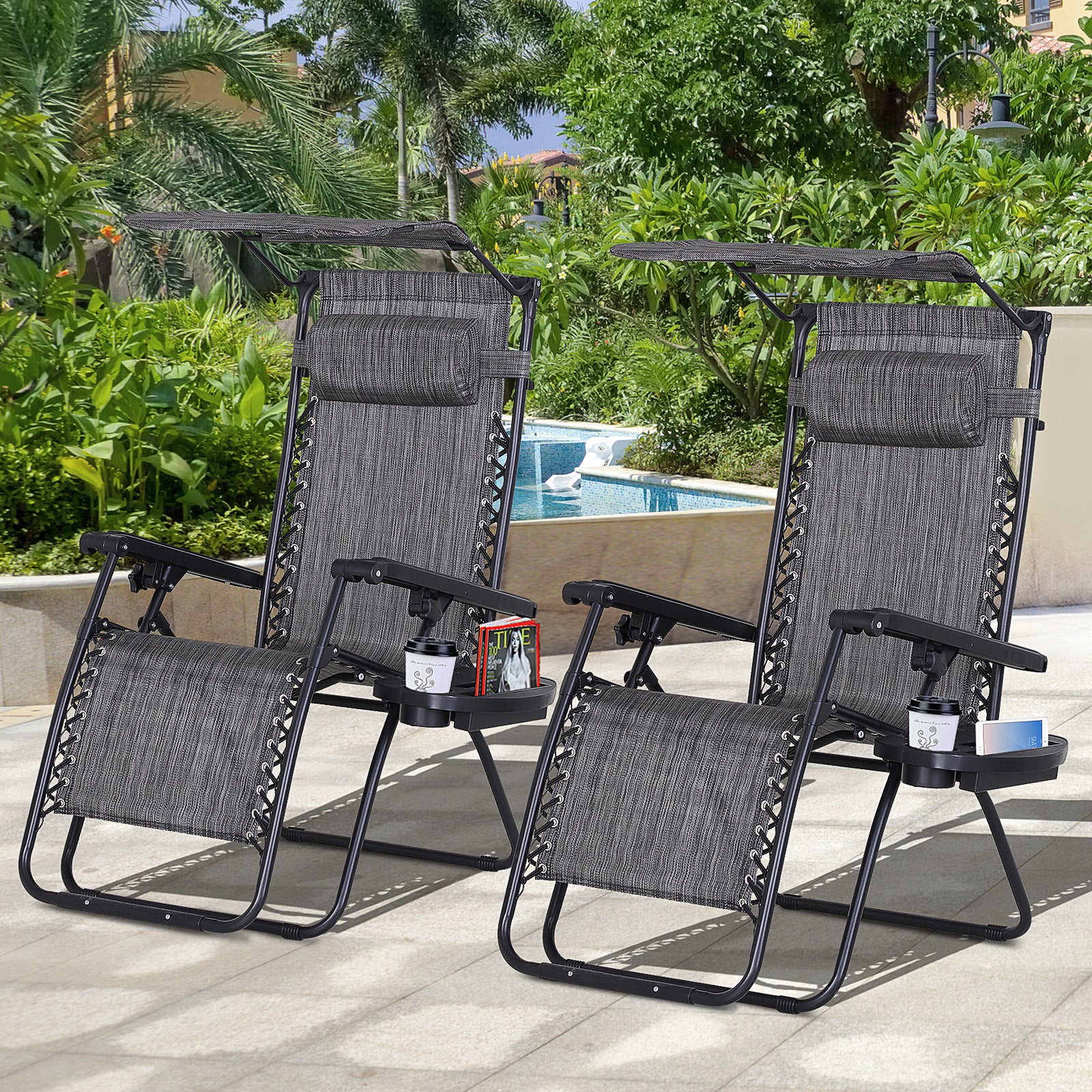Outsunny 2 Piece Foldable Lounge Chair with Canopy Shade, Outdoor Zero Gravity Chair w/ Side Tray & Cup Holder, Reclining Lounger w/ Breathable Mesh Fabric Seat, Pillow, Dark Grey