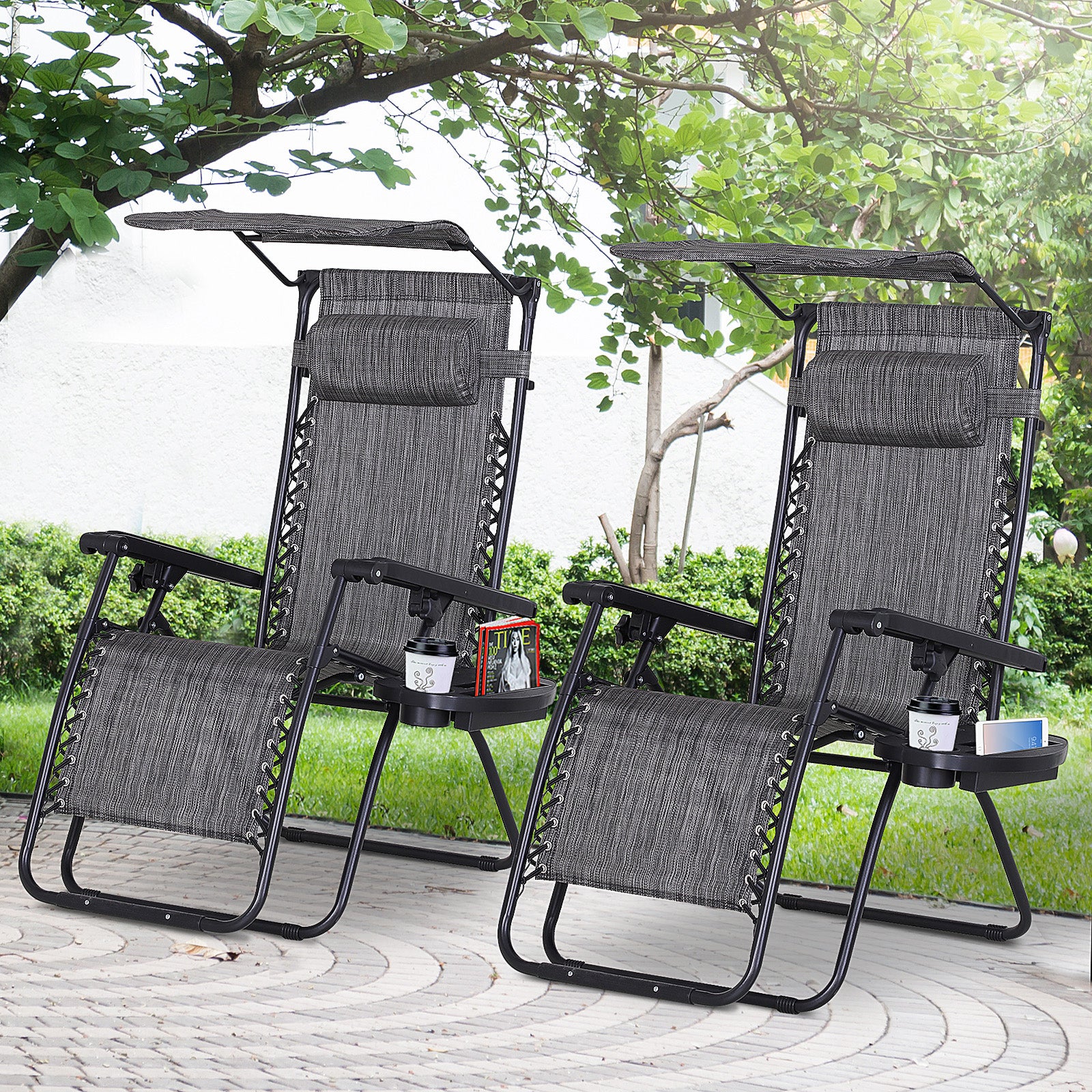 Outsunny 2 Piece Foldable Lounge Chair with Canopy Shade, Outdoor Zero Gravity Chair w/ Side Tray & Cup Holder, Reclining Lounger w/ Breathable Mesh Fabric Seat, Pillow, Dark Grey