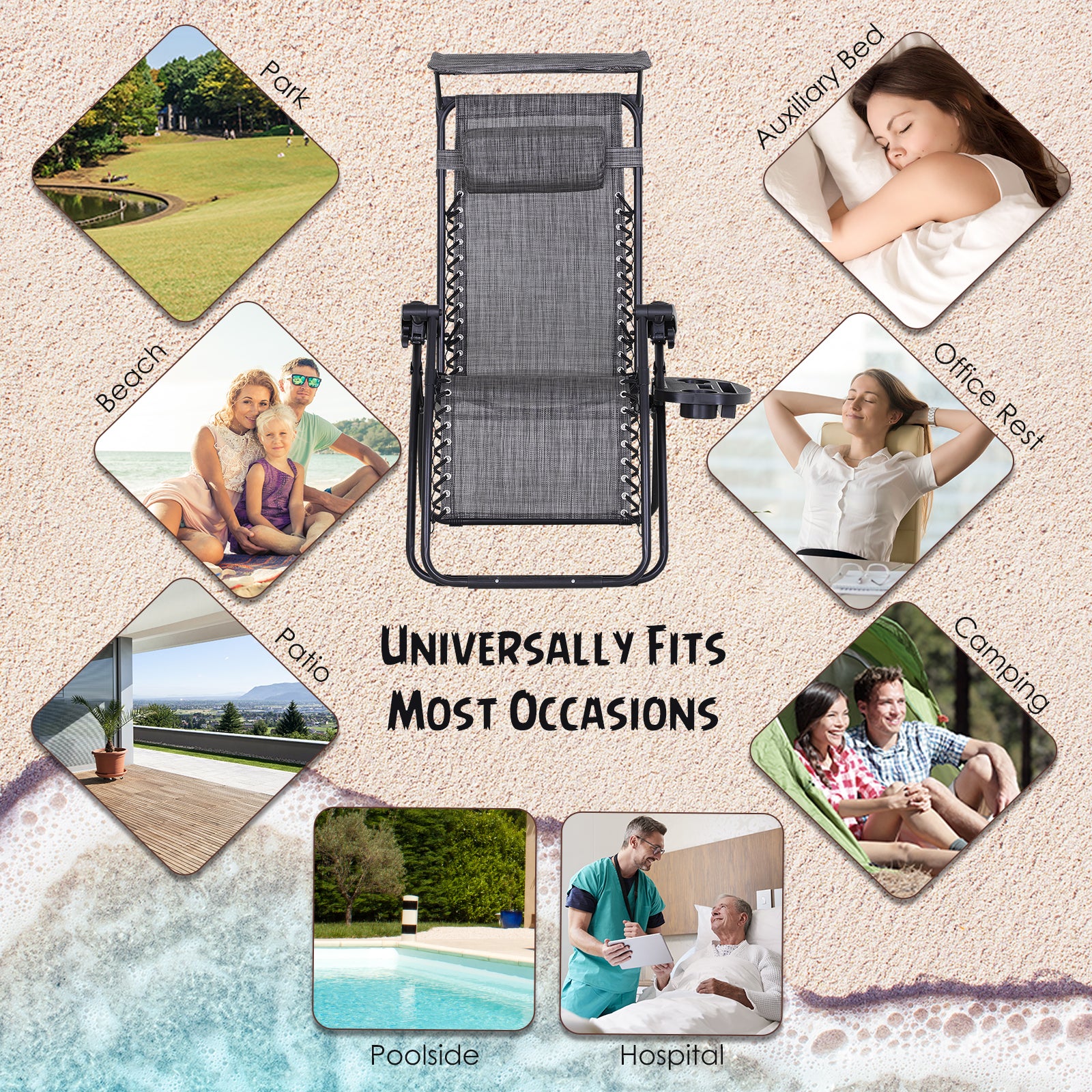 Outsunny 2 Piece Foldable Lounge Chair with Canopy Shade, Outdoor Zero Gravity Chair w/ Side Tray & Cup Holder, Reclining Lounger w/ Breathable Mesh Fabric Seat, Pillow, Dark Grey