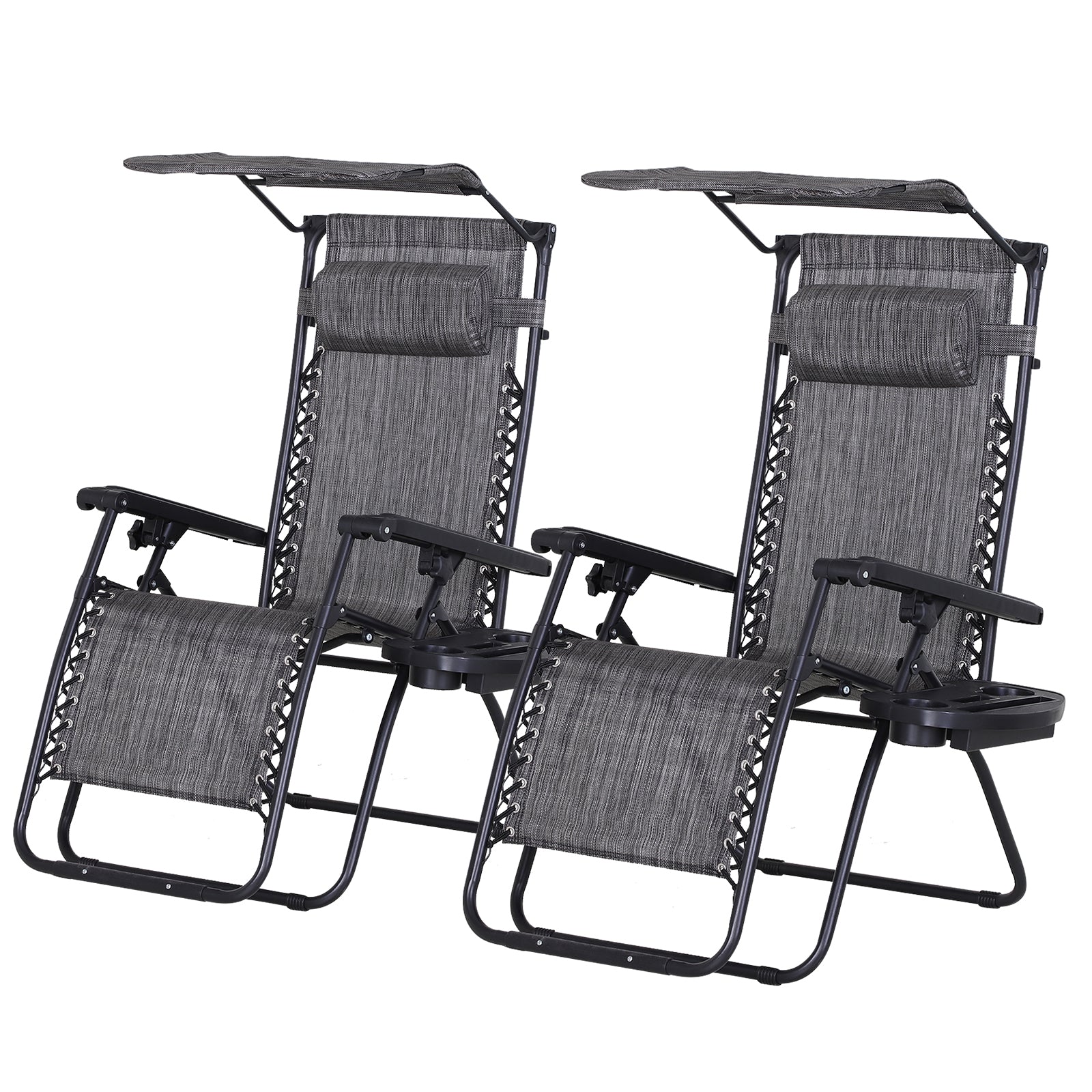 Outsunny 2 Piece Foldable Lounge Chair with Canopy Shade, Outdoor Zero Gravity Chair w/ Side Tray & Cup Holder, Reclining Lounger w/ Breathable Mesh Fabric Seat, Pillow, Dark Grey