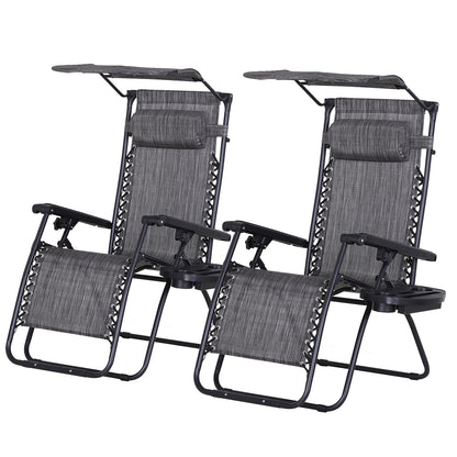 Outsunny 2 Piece Foldable Lounge Chair with Canopy Shade, Outdoor Zero Gravity Chair w/ Side Tray & Cup Holder, Reclining Lounger w/ Breathable Mesh Fabric Seat, Pillow, Dark Grey