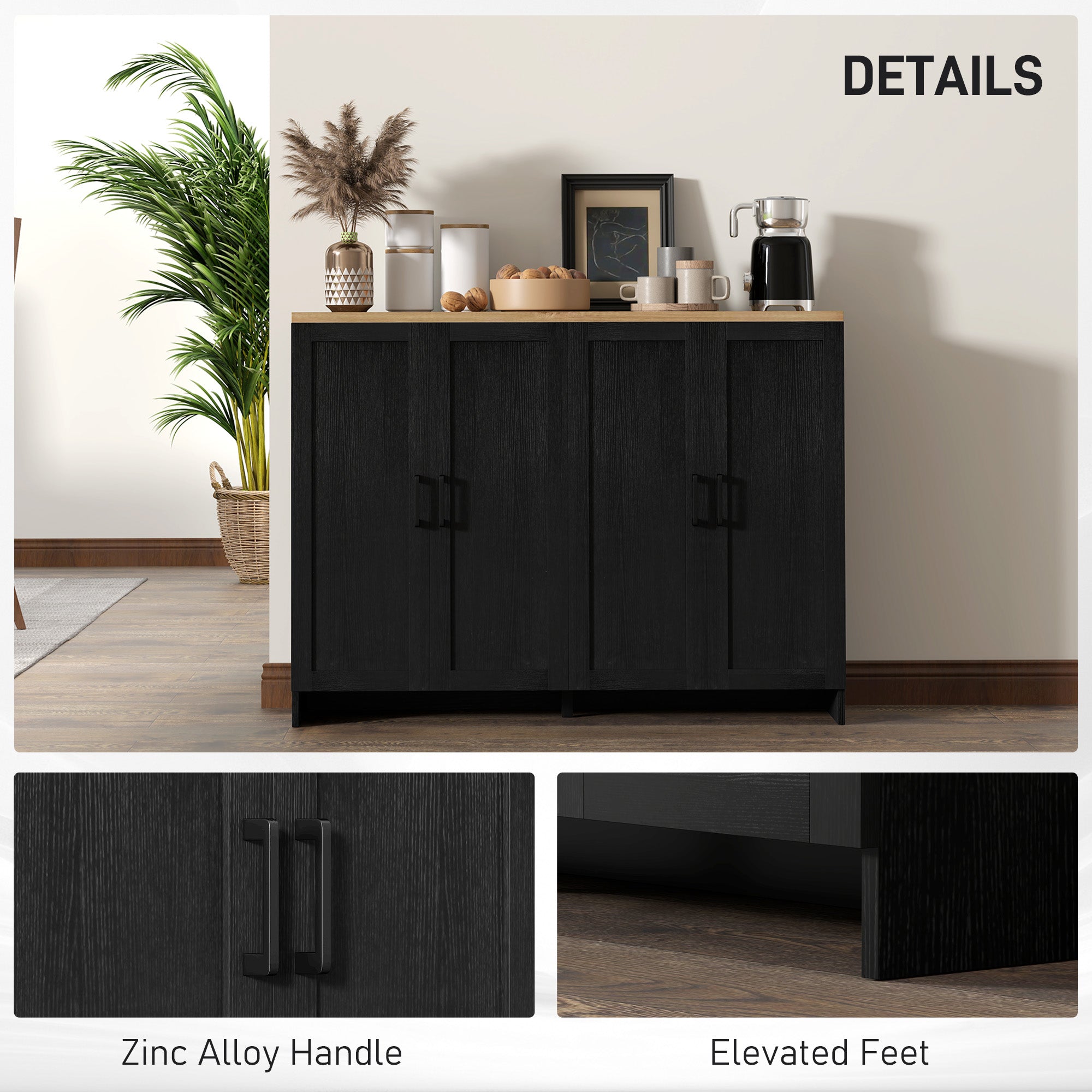 HOMCOM Modern Buffet Cabinet with Storage, 47" Narrow Sideboard, Kitchen Storage Cabinet with 4 Shaker Doors and Adjustable Shelves, Black