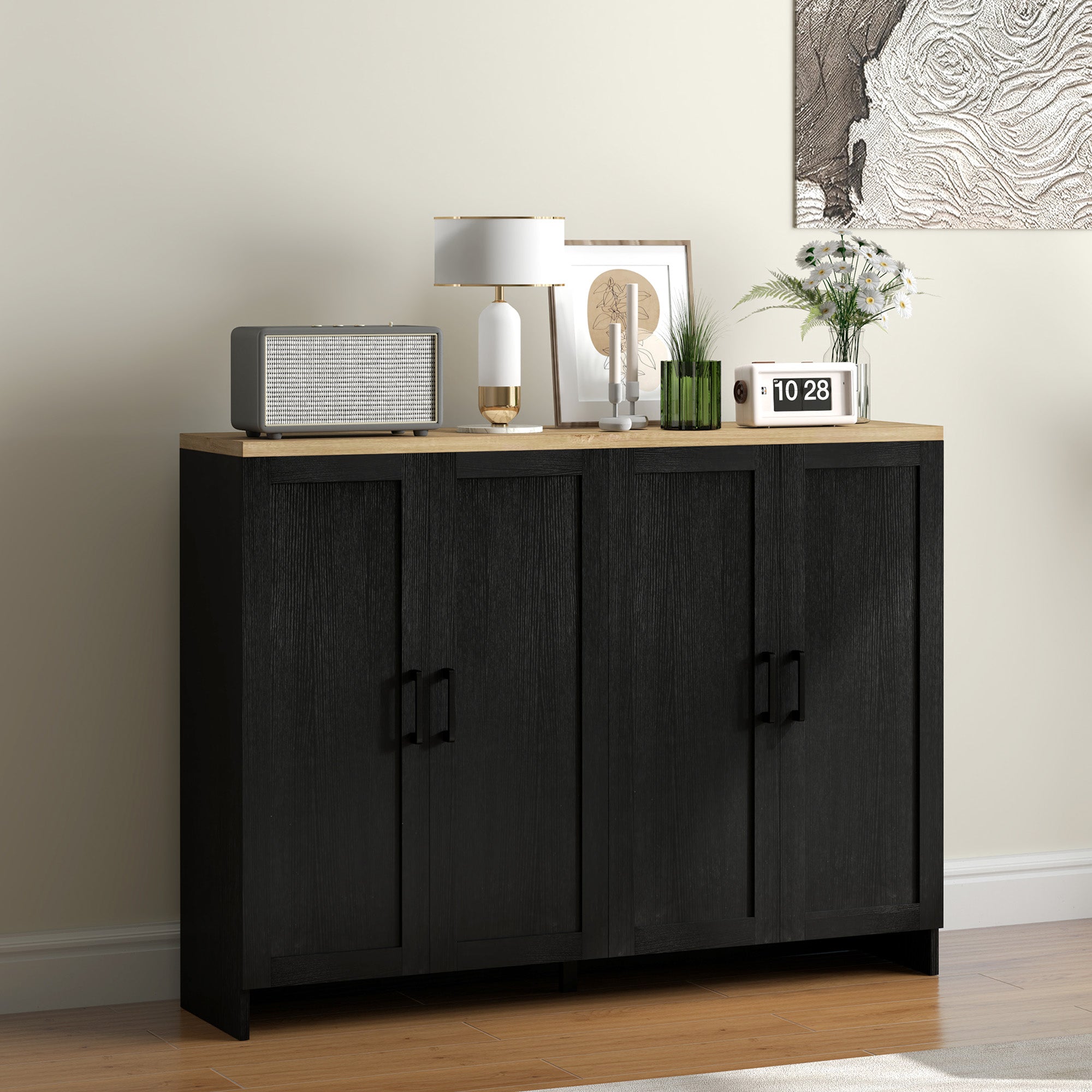 HOMCOM Modern Buffet Cabinet with Storage, 47" Narrow Sideboard, Kitchen Storage Cabinet with 4 Shaker Doors and Adjustable Shelves, Black