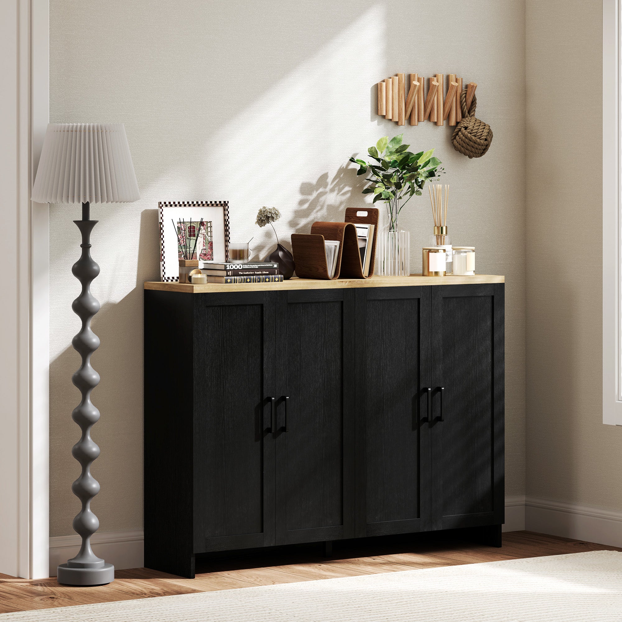 HOMCOM Modern Buffet Cabinet with Storage, 47" Narrow Sideboard, Kitchen Storage Cabinet with 4 Shaker Doors and Adjustable Shelves, Black