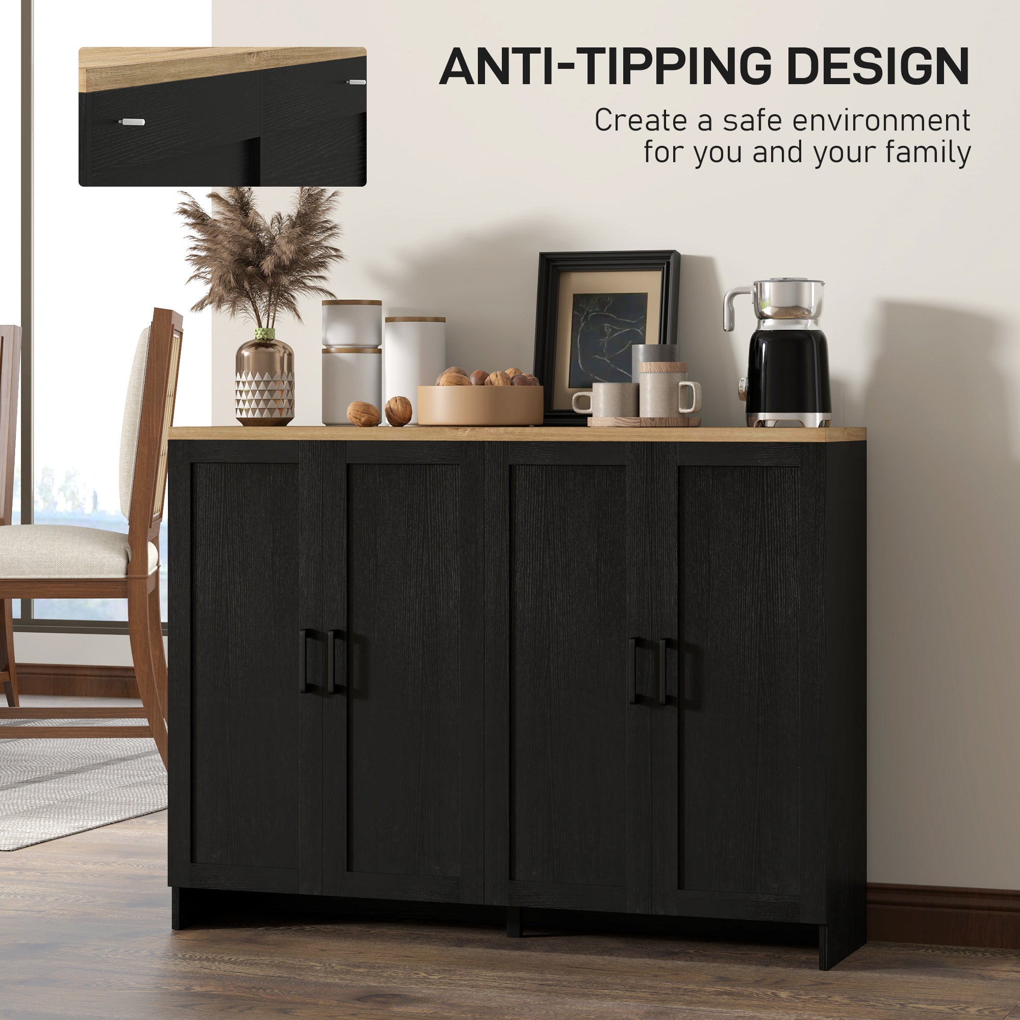HOMCOM Modern Buffet Cabinet with Storage, 47" Narrow Sideboard, Kitchen Storage Cabinet with 4 Shaker Doors and Adjustable Shelves, Black